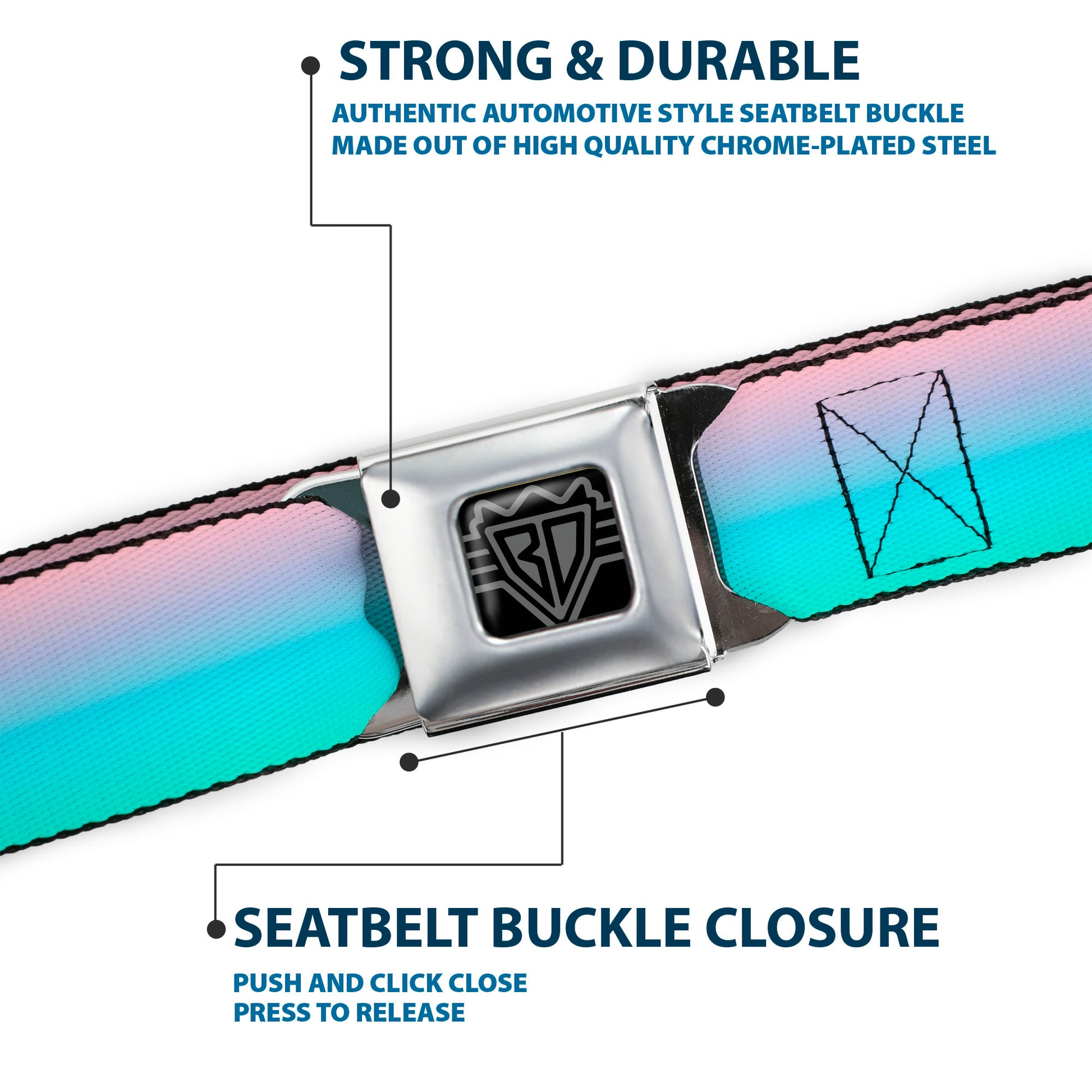 BD Wings Logo CLOSE-UP Full Color Black Silver Seatbelt Belt - Ombre Pink/Blue-Green Webbing Seatbelt Belts Buckle-Down