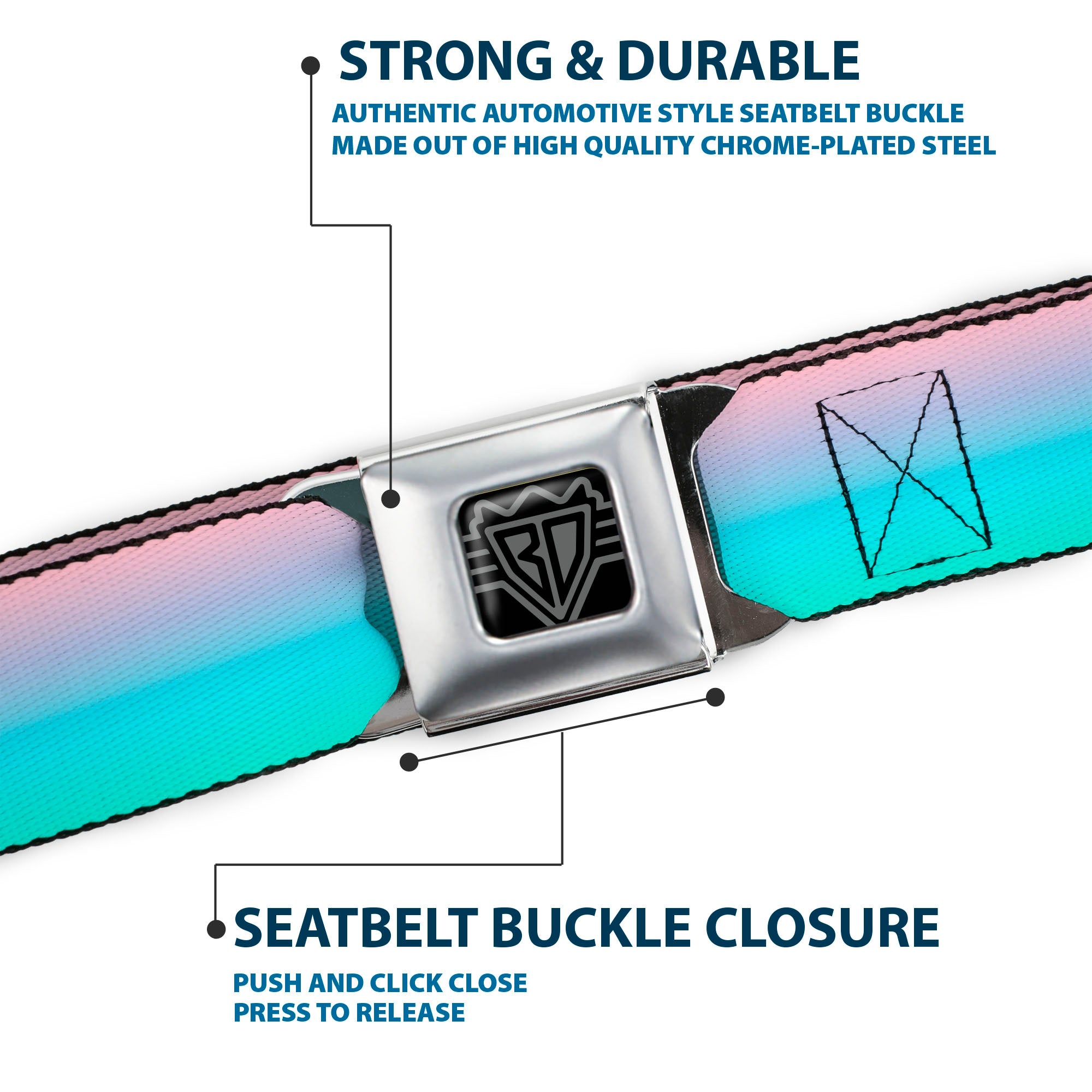 BD Wings Logo CLOSE-UP Full Color Black Silver Seatbelt Belt - Ombre Pink/Blue-Green Webbing Seatbelt Belts Buckle-Down