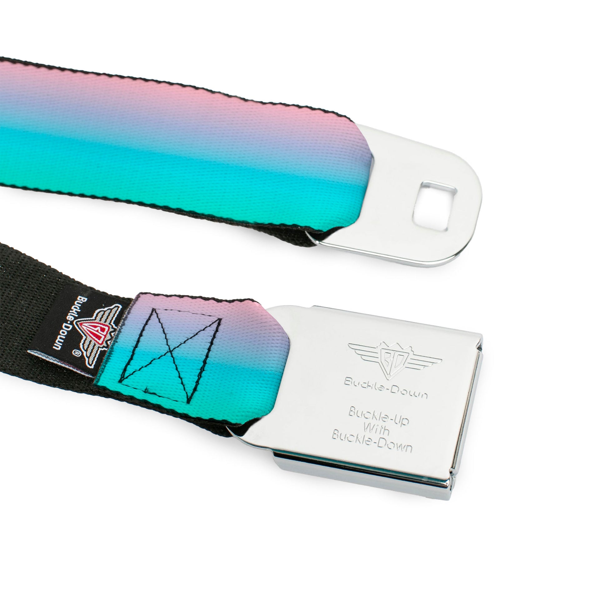 BD Wings Logo CLOSE-UP Full Color Black Silver Seatbelt Belt - Ombre Pink/Blue-Green Webbing Seatbelt Belts Buckle-Down