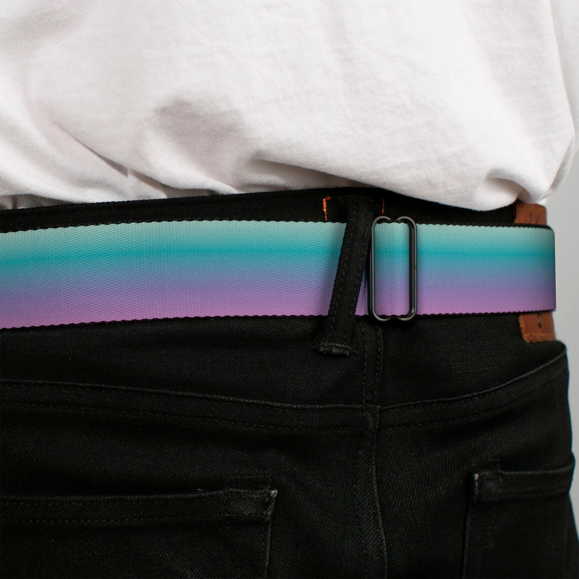 BD Wings Logo CLOSE-UP Full Color Black Silver Seatbelt Belt - Ombre Blue-Green/Purple Webbing Seatbelt Belts Buckle-Down