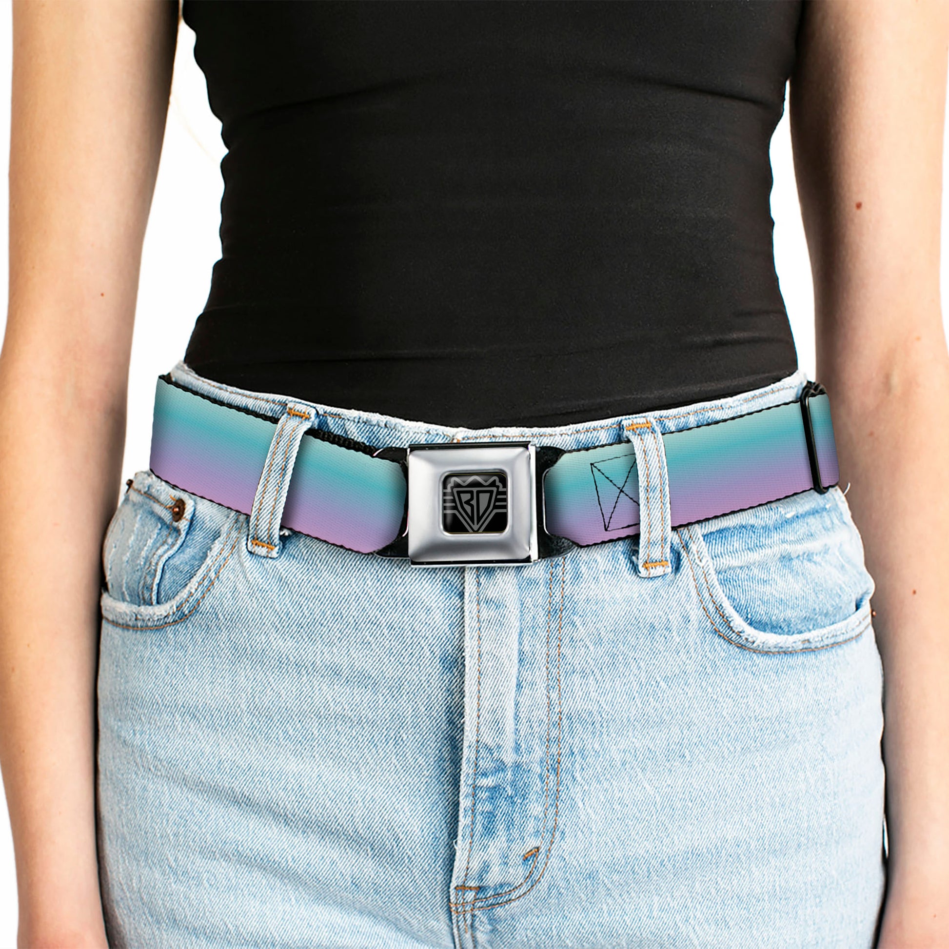 BD Wings Logo CLOSE-UP Full Color Black Silver Seatbelt Belt - Ombre Blue-Green/Purple Webbing Seatbelt Belts Buckle-Down