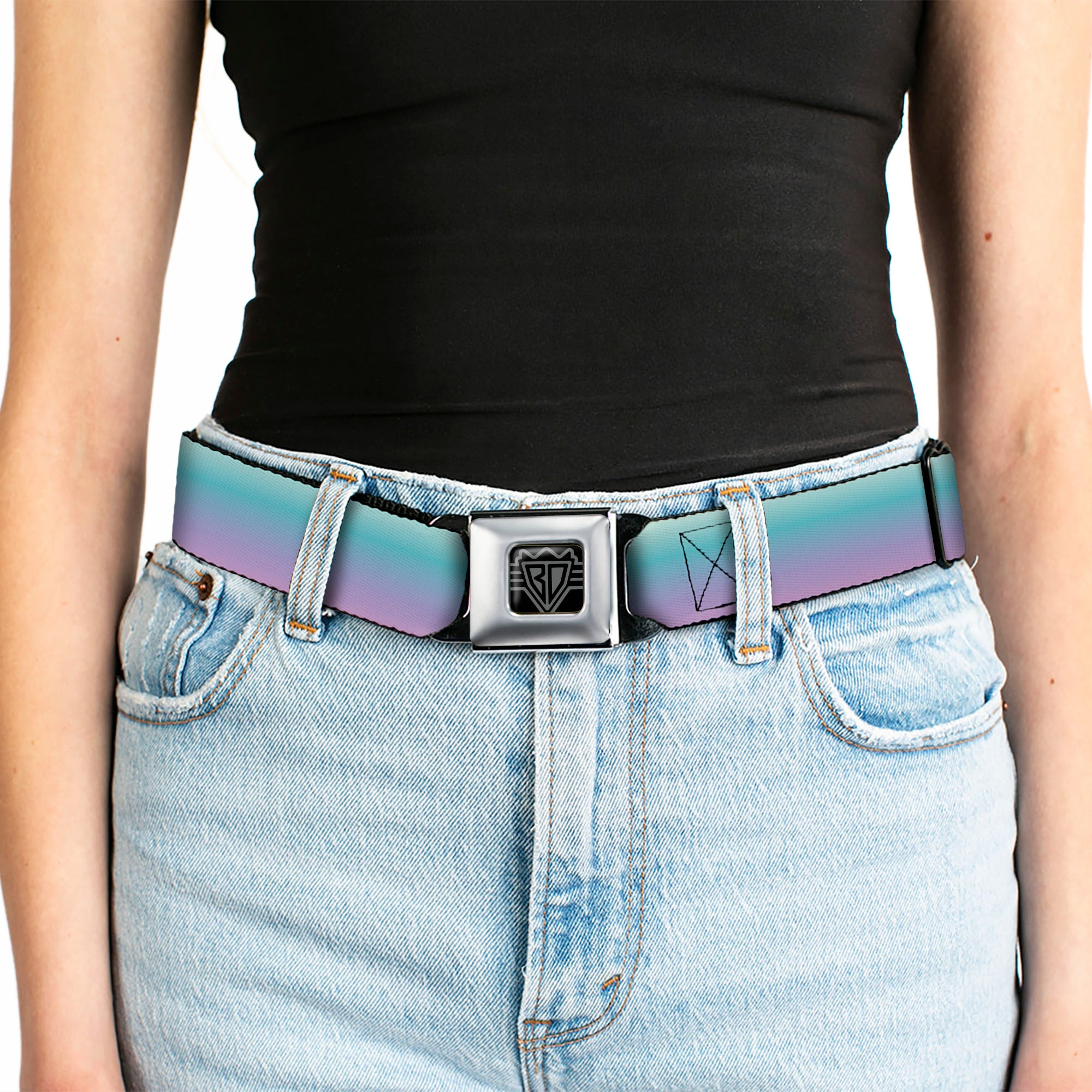 BD Wings Logo CLOSE-UP Full Color Black Silver Seatbelt Belt - Ombre Blue-Green/Purple Webbing Seatbelt Belts Buckle-Down