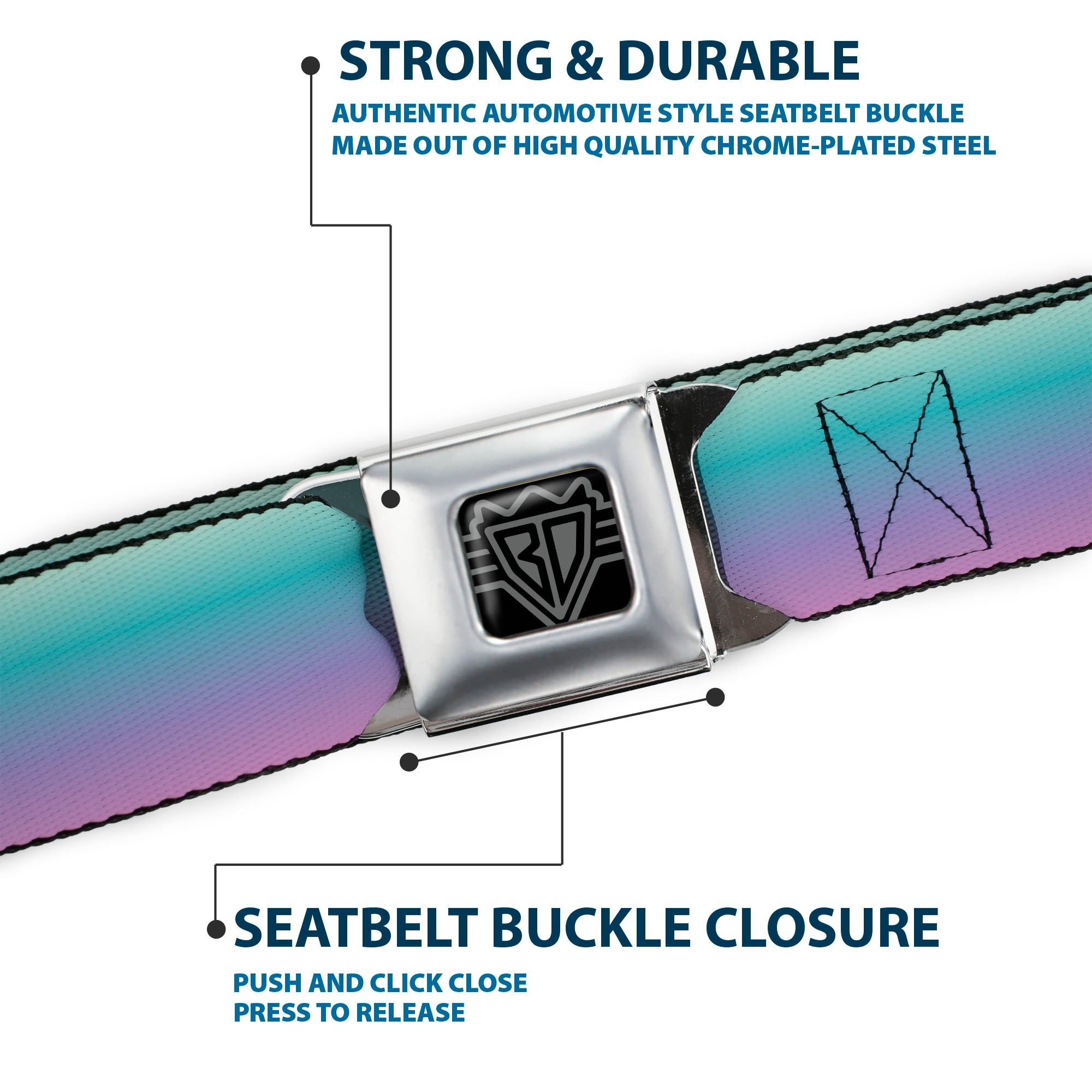 BD Wings Logo CLOSE-UP Full Color Black Silver Seatbelt Belt - Ombre Blue-Green/Purple Webbing Seatbelt Belts Buckle-Down