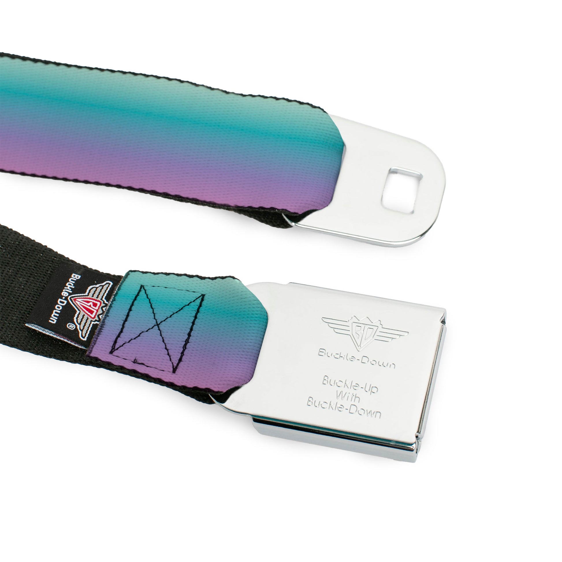 BD Wings Logo CLOSE-UP Full Color Black Silver Seatbelt Belt - Ombre Blue-Green/Purple Webbing Seatbelt Belts Buckle-Down