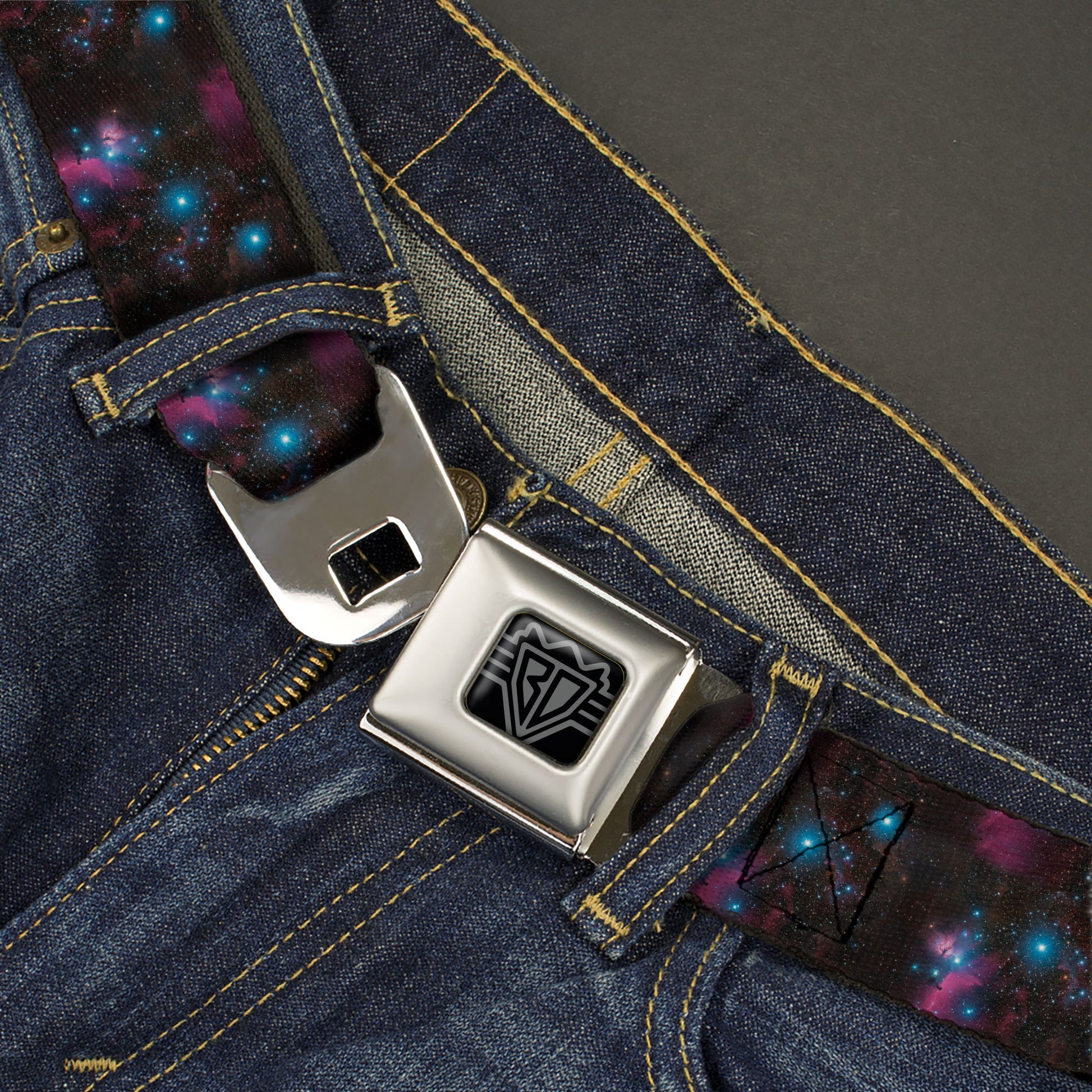 BD Wings Logo CLOSE-UP Black/Silver Seatbelt Belt - Orion's Belt Constellation Webbing Seatbelt Belts Buckle-Down