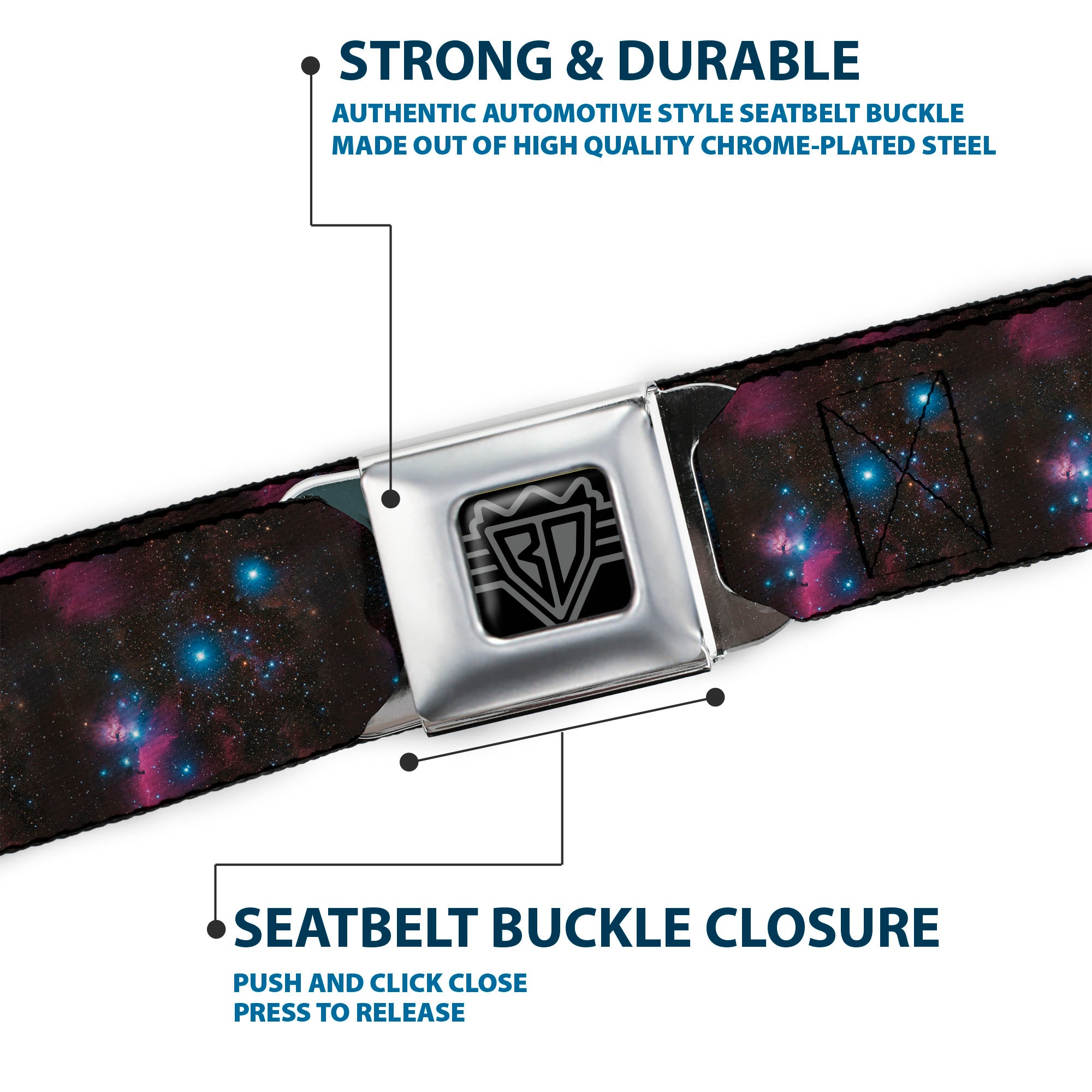 BD Wings Logo CLOSE-UP Black/Silver Seatbelt Belt - Orion's Belt Constellation Webbing Seatbelt Belts Buckle-Down