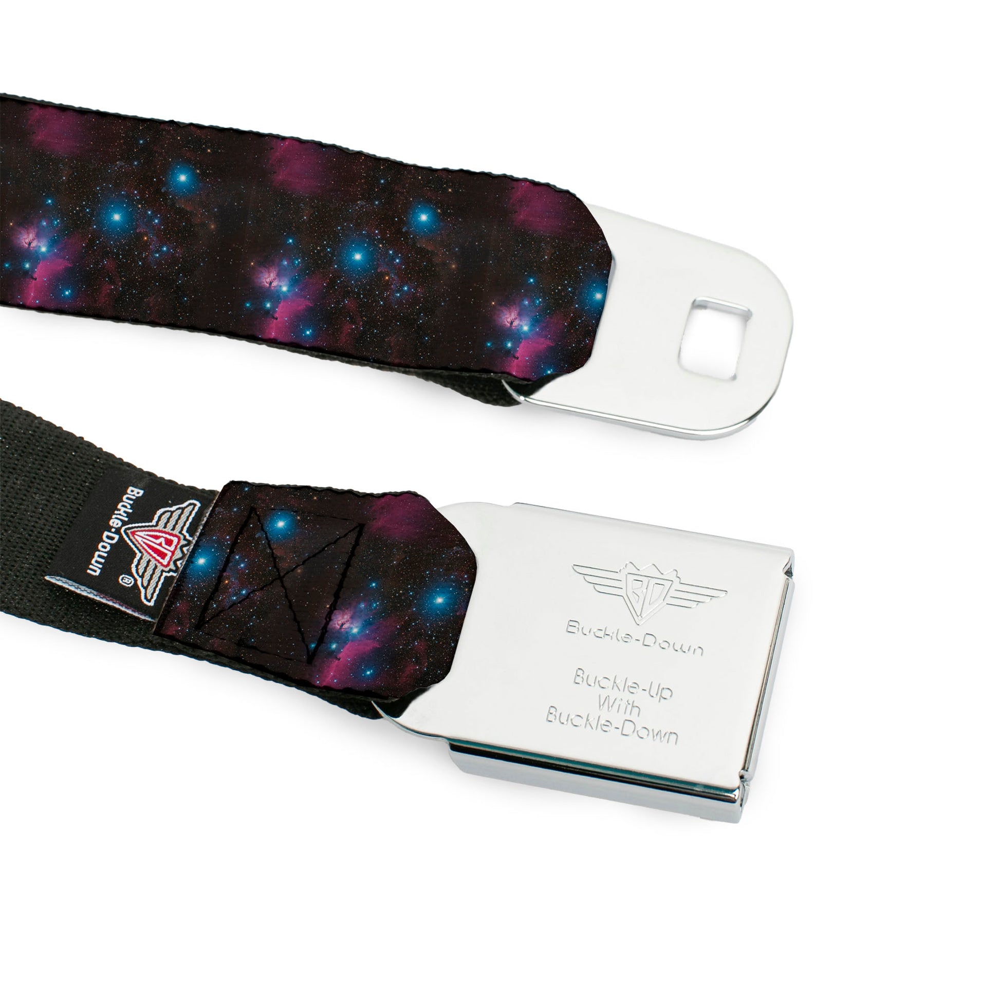 BD Wings Logo CLOSE-UP Black/Silver Seatbelt Belt - Orion's Belt Constellation Webbing Seatbelt Belts Buckle-Down