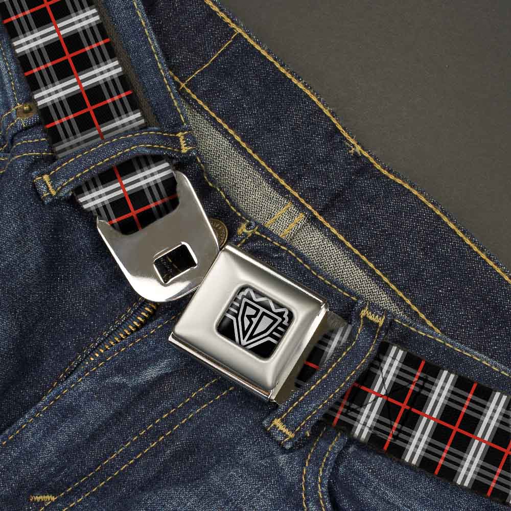 BD Wings Logo CLOSE-UP Full Color Black Silver Seatbelt Belt - Plaid Black/Red Webbing Seatbelt Belts Buckle-Down