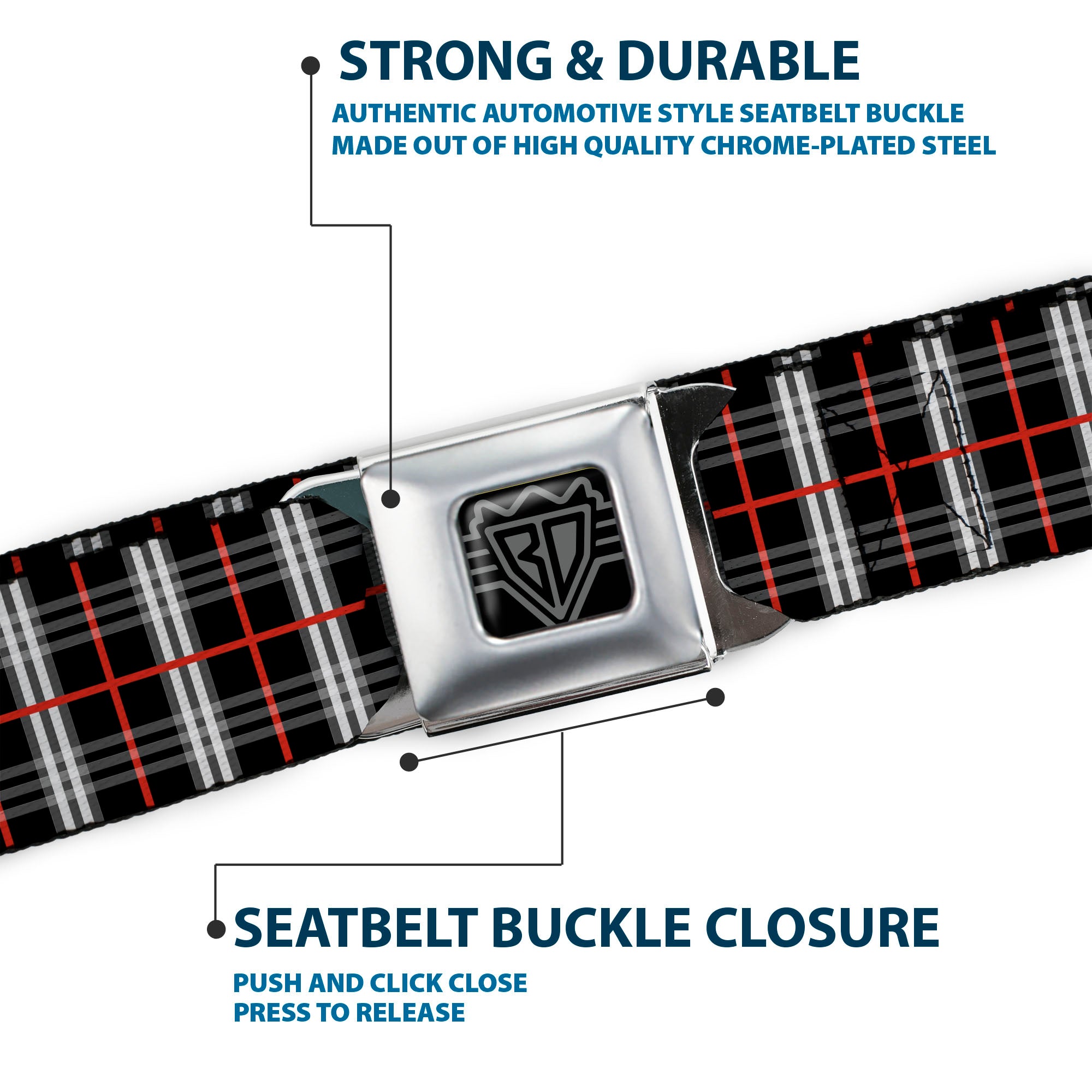 BD Wings Logo CLOSE-UP Full Color Black Silver Seatbelt Belt - Plaid Black/Red Webbing Seatbelt Belts Buckle-Down