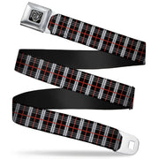 BD Wings Logo CLOSE-UP Full Color Black Silver Seatbelt Belt - Plaid Black/Red Webbing Seatbelt Belts Buckle-Down