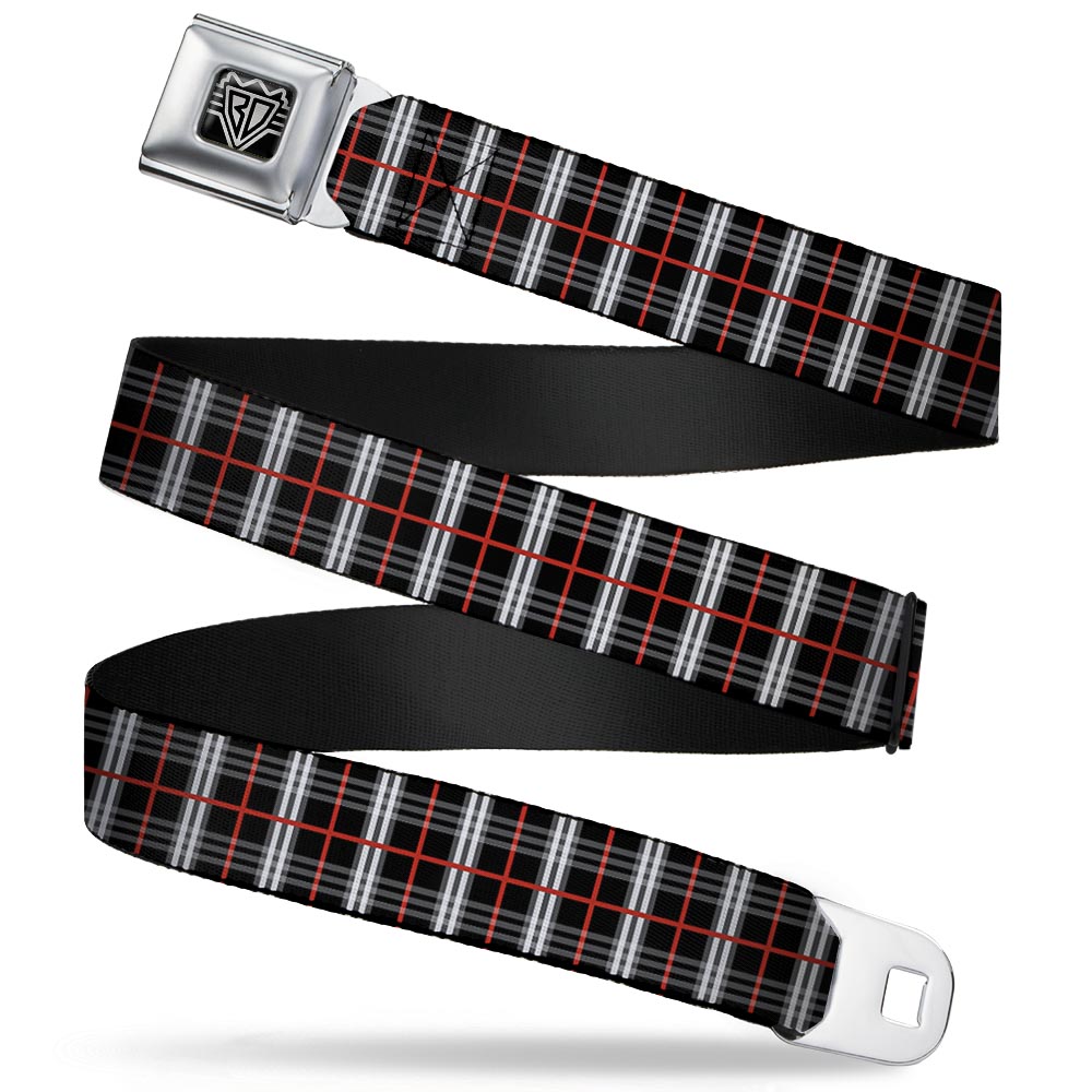 BD Wings Logo CLOSE-UP Full Color Black Silver Seatbelt Belt - Plaid Black/Red Webbing Seatbelt Belts Buckle-Down
