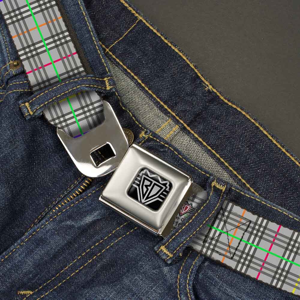 BD Wings Logo CLOSE-UP Full Color Black Silver Seatbelt Belt - Plaid Gray/Multi Neon Webbing Seatbelt Belts Buckle-Down