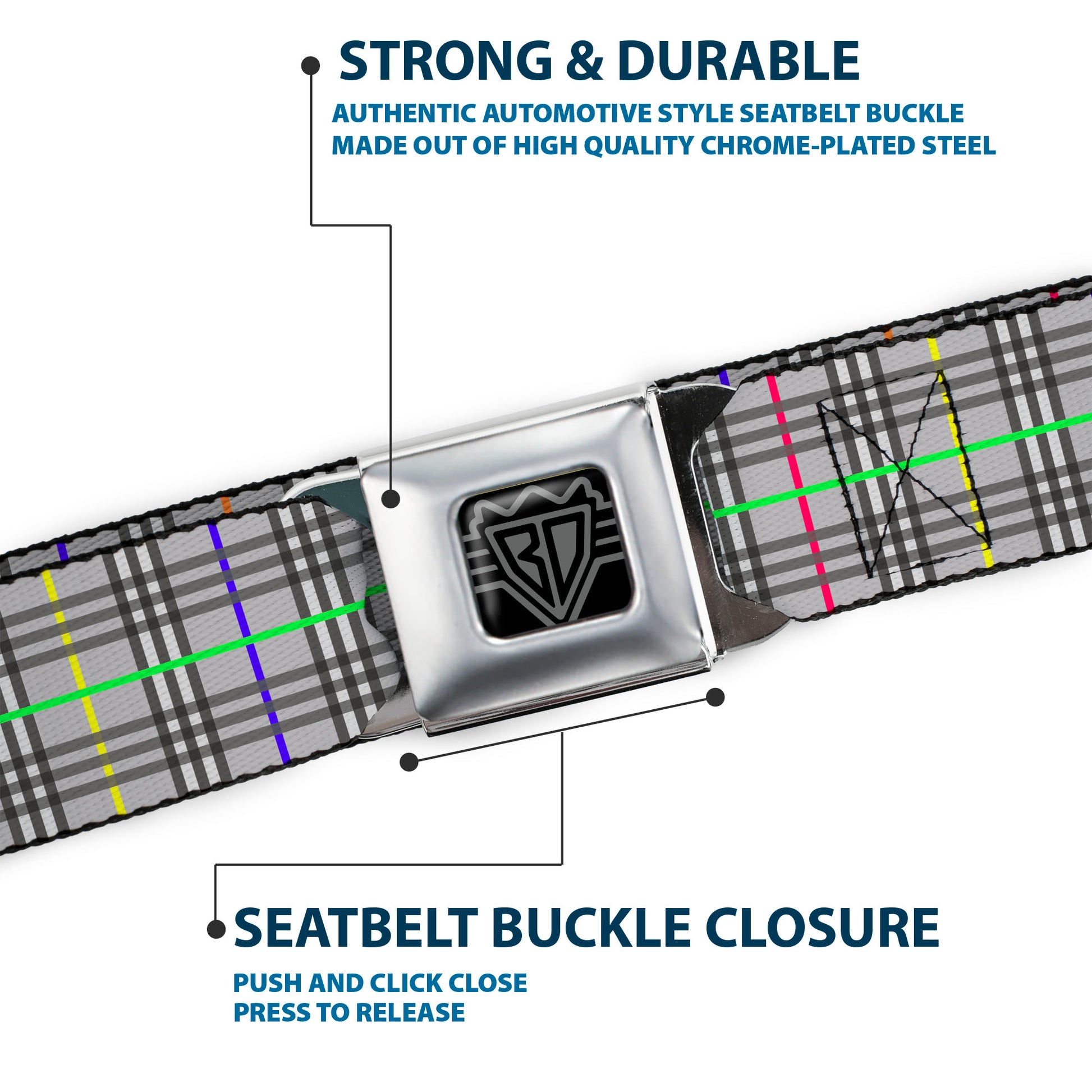 BD Wings Logo CLOSE-UP Full Color Black Silver Seatbelt Belt - Plaid Gray/Multi Neon Webbing Seatbelt Belts Buckle-Down