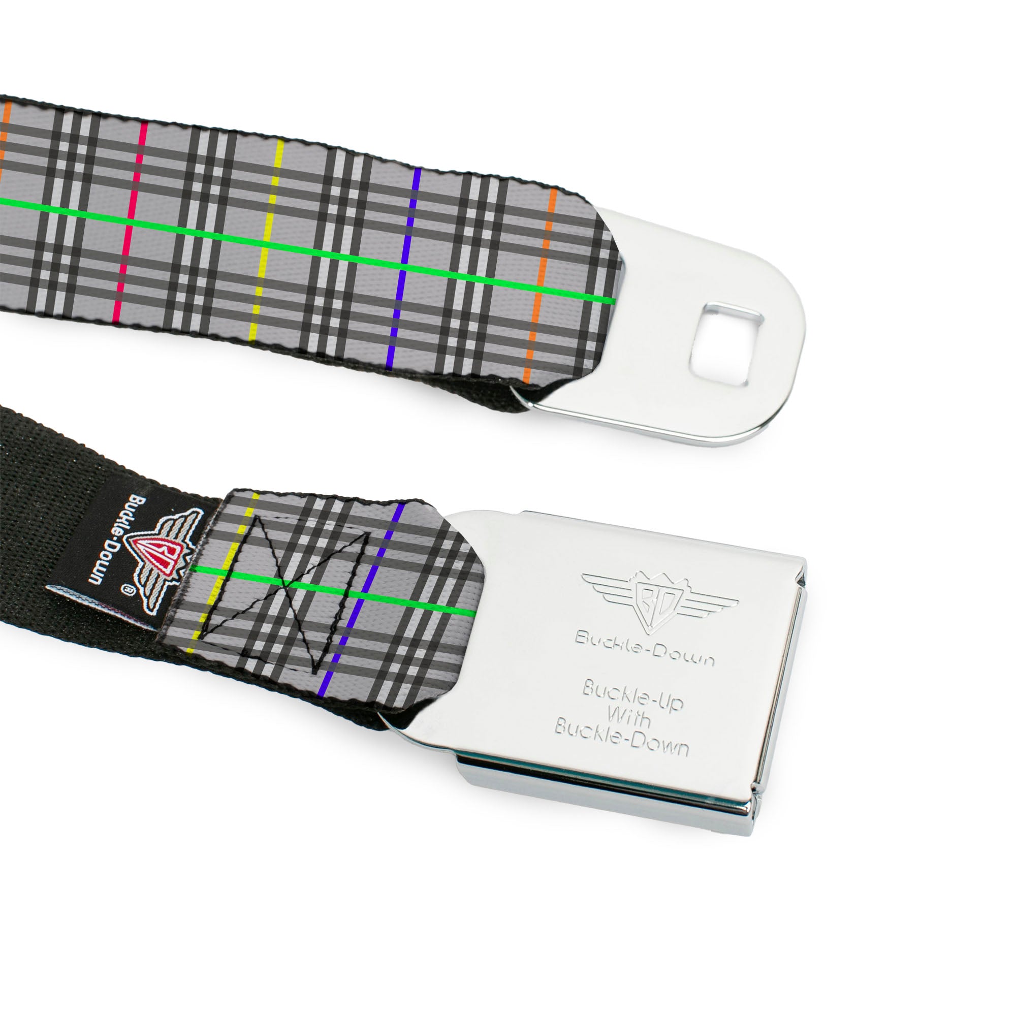 BD Wings Logo CLOSE-UP Full Color Black Silver Seatbelt Belt - Plaid Gray/Multi Neon Webbing Seatbelt Belts Buckle-Down
