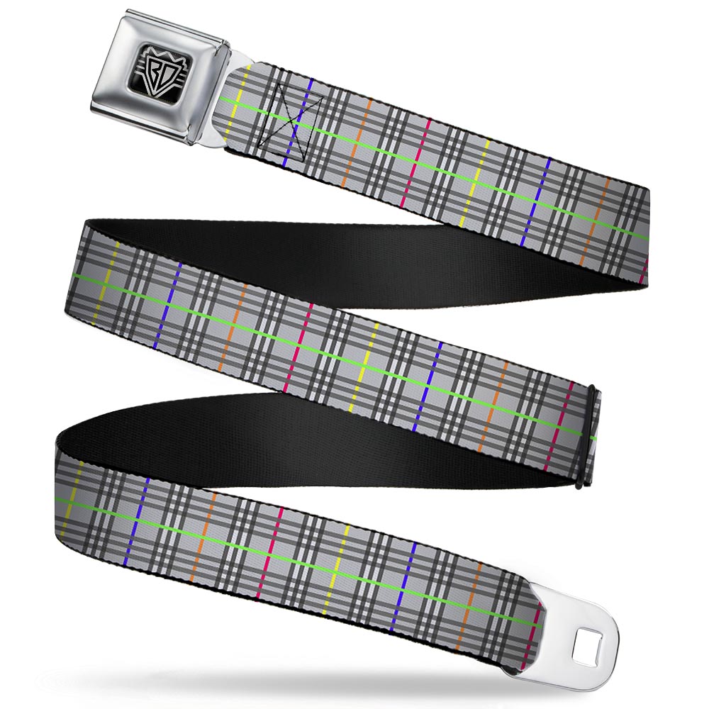 BD Wings Logo CLOSE-UP Full Color Black Silver Seatbelt Belt - Plaid Gray/Multi Neon Webbing Seatbelt Belts Buckle-Down