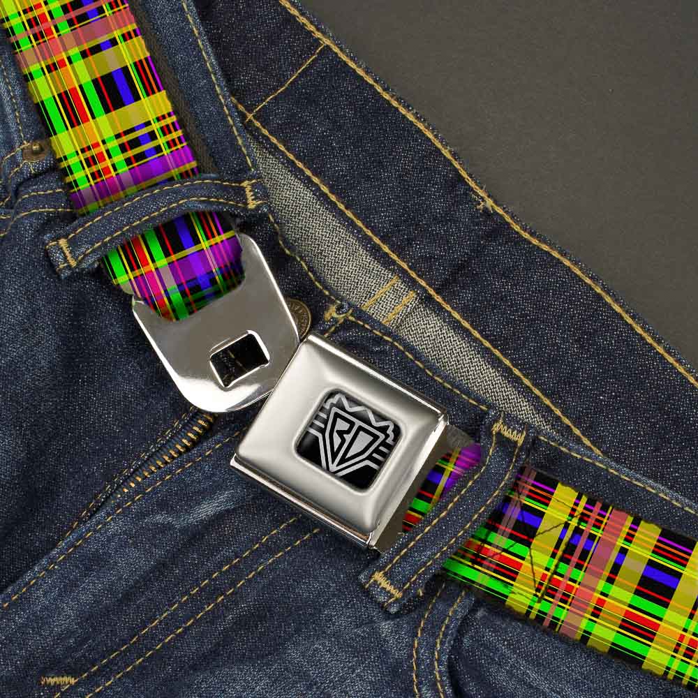 BD Wings Logo CLOSE-UP Full Color Black Silver Seatbelt Belt - Plaid Black/Multi Neon Webbing Seatbelt Belts Buckle-Down