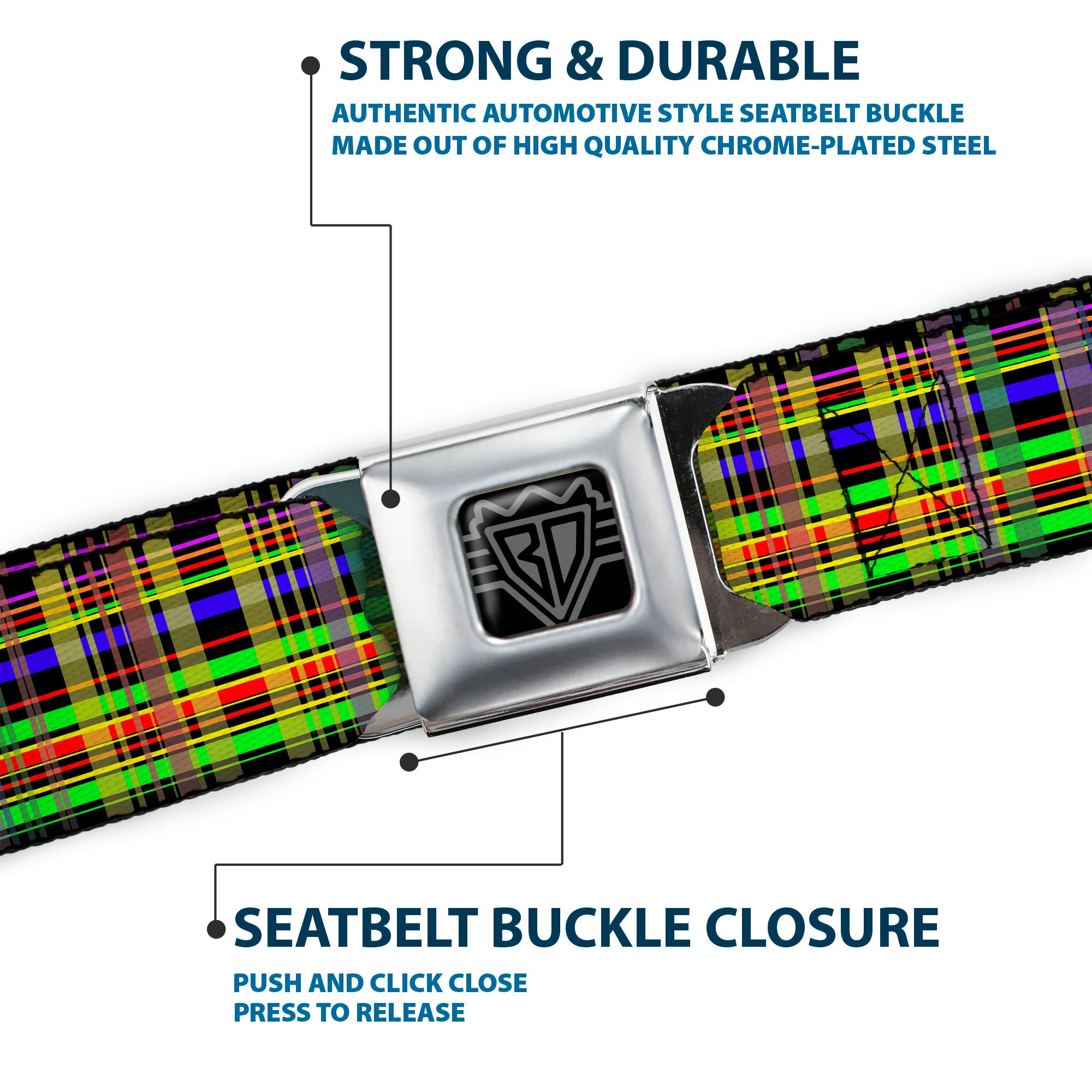 BD Wings Logo CLOSE-UP Full Color Black Silver Seatbelt Belt - Plaid Black/Multi Neon Webbing Seatbelt Belts Buckle-Down