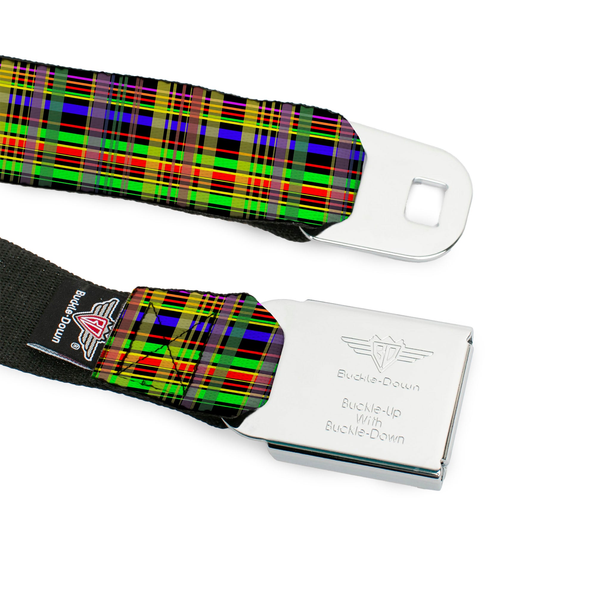 BD Wings Logo CLOSE-UP Full Color Black Silver Seatbelt Belt - Plaid Black/Multi Neon Webbing Seatbelt Belts Buckle-Down