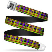 BD Wings Logo CLOSE-UP Full Color Black Silver Seatbelt Belt - Plaid Black/Multi Neon Webbing Seatbelt Belts Buckle-Down