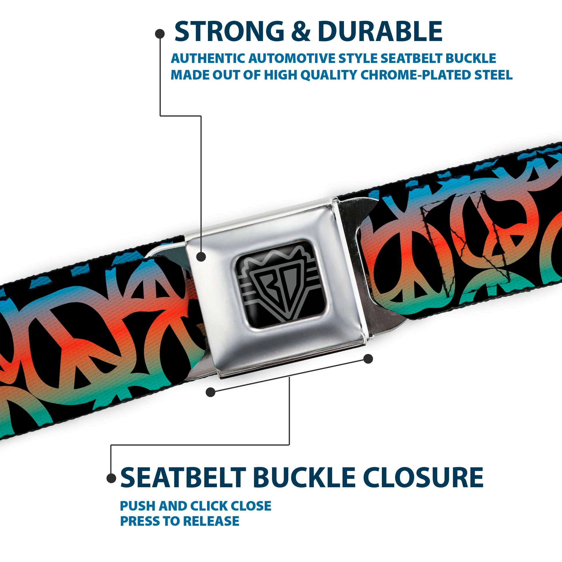 BD Wings Logo CLOSE-UP Full Color Black Silver Seatbelt Belt - Peace Black/Multi Color Webbing Seatbelt Belts Buckle-Down