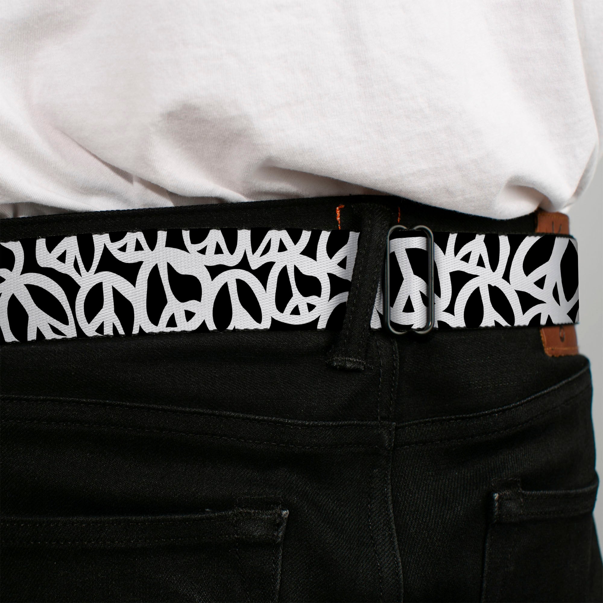 BD Wings Logo CLOSE-UP Full Color Black Silver Seatbelt Belt - Peace Black/White Webbing Seatbelt Belts Buckle-Down