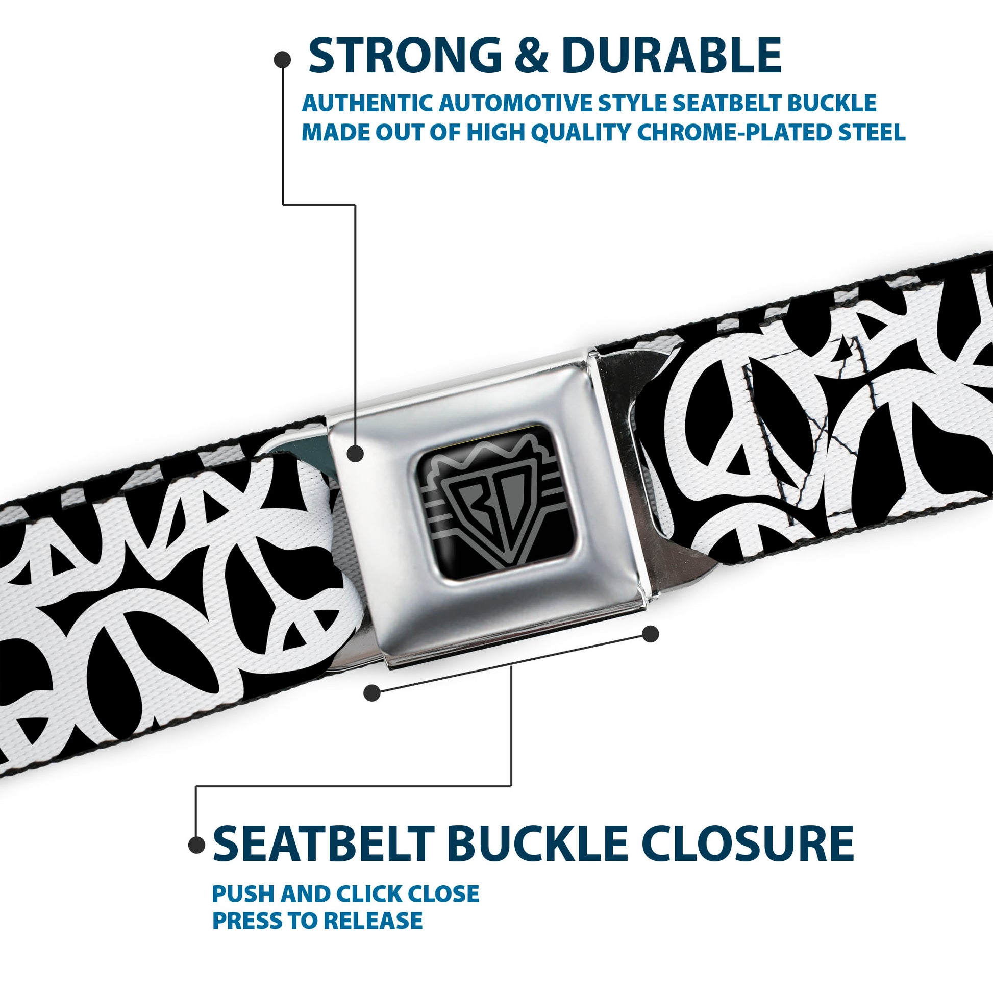 BD Wings Logo CLOSE-UP Full Color Black Silver Seatbelt Belt - Peace Black/White Webbing Seatbelt Belts Buckle-Down