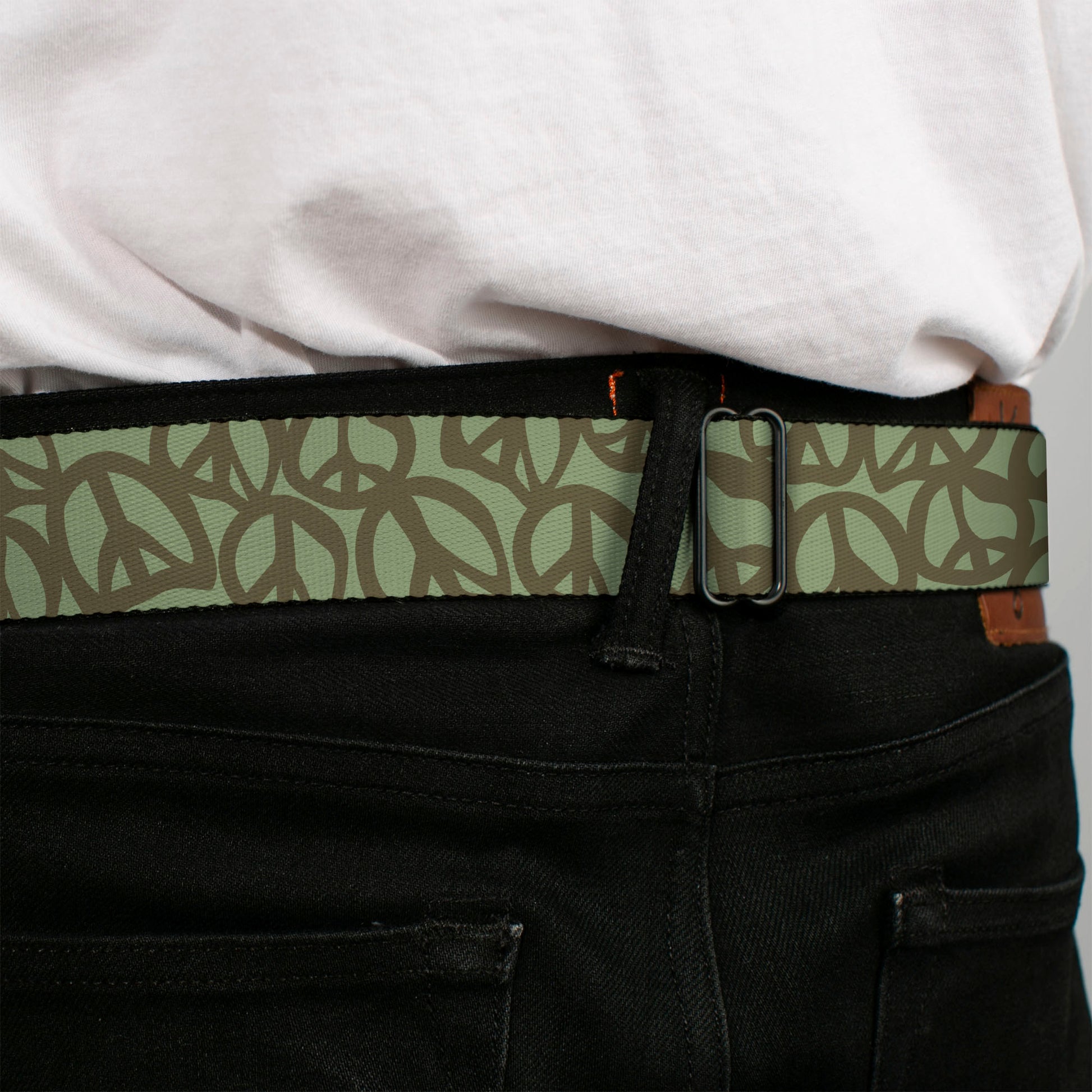 BD Wings Logo CLOSE-UP Full Color Black Silver Seatbelt Belt - Peace Sage/Olive Webbing Seatbelt Belts Buckle-Down