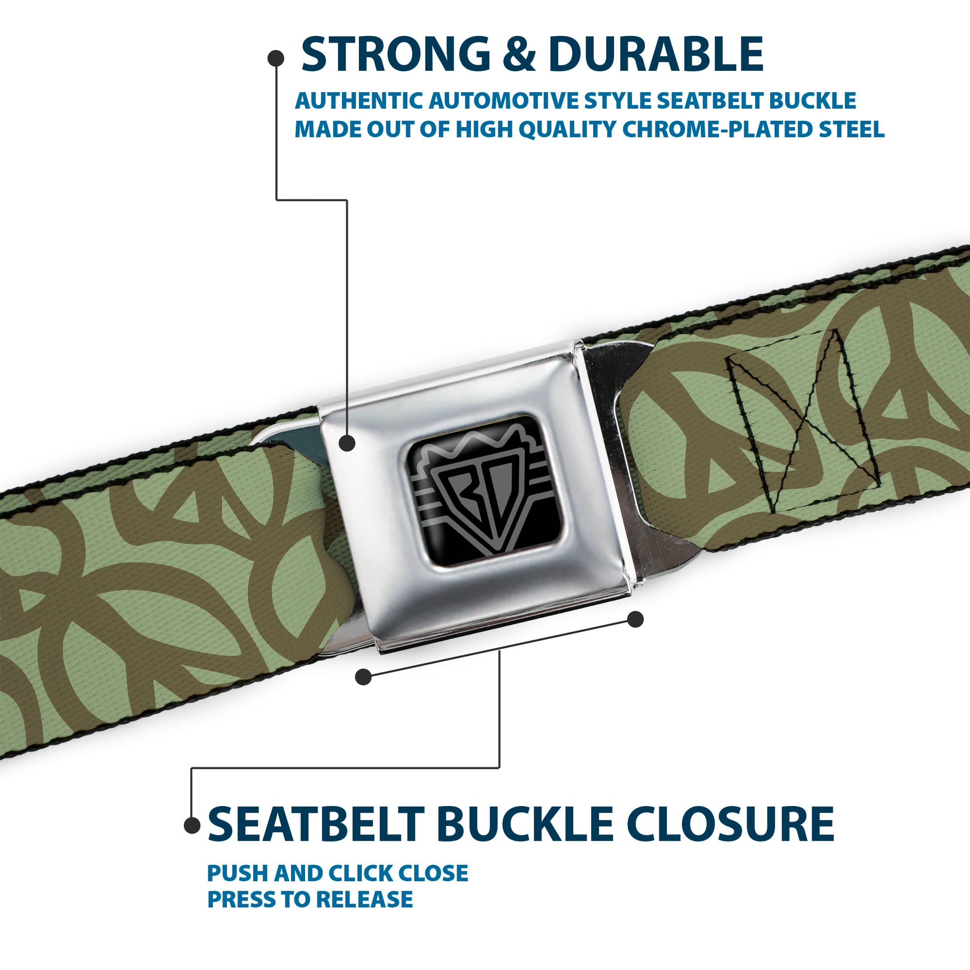 BD Wings Logo CLOSE-UP Full Color Black Silver Seatbelt Belt - Peace Sage/Olive Webbing Seatbelt Belts Buckle-Down