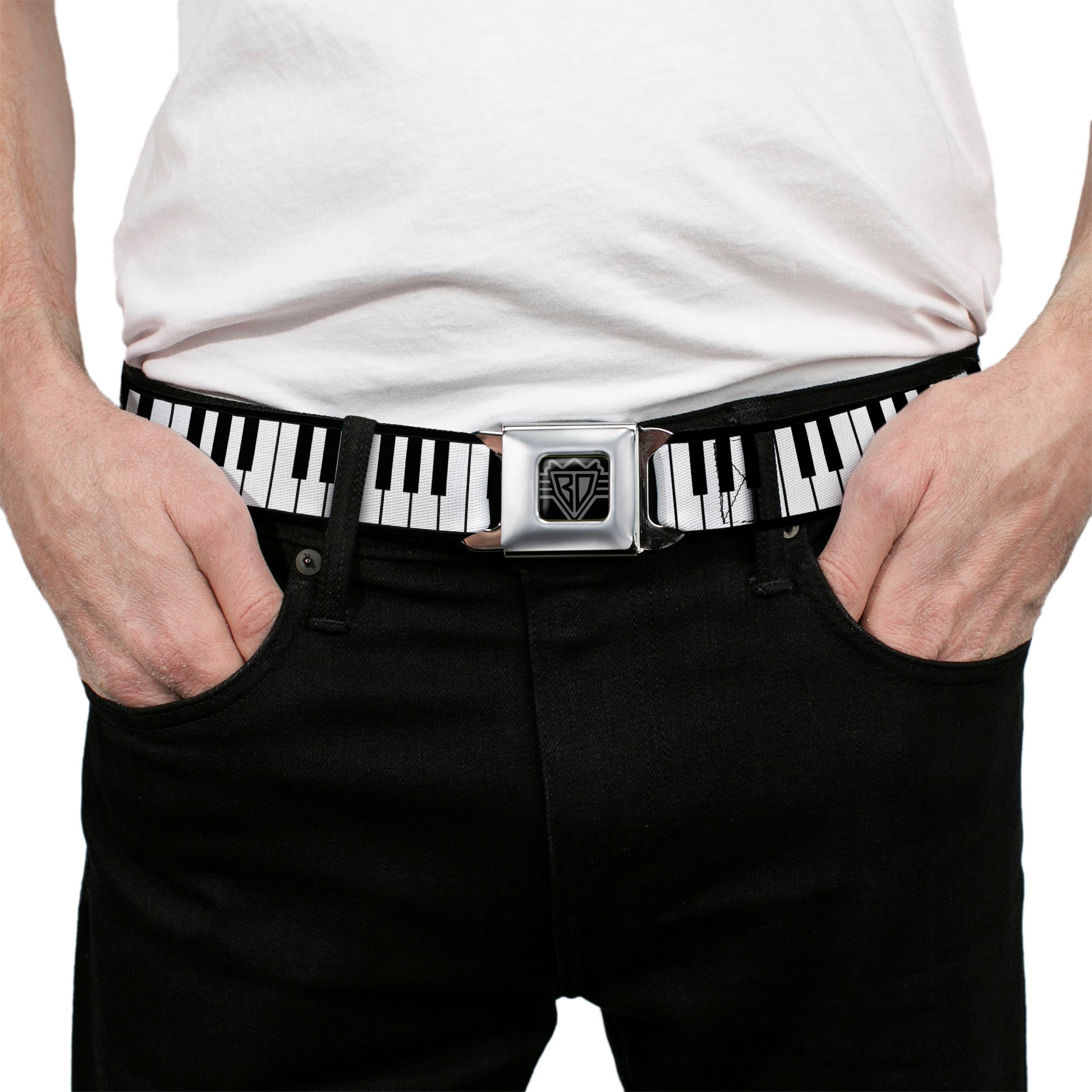 BD Wings Logo CLOSE-UP Full Color Black Silver Seatbelt Belt - Piano Keys Webbing Seatbelt Belts Buckle-Down