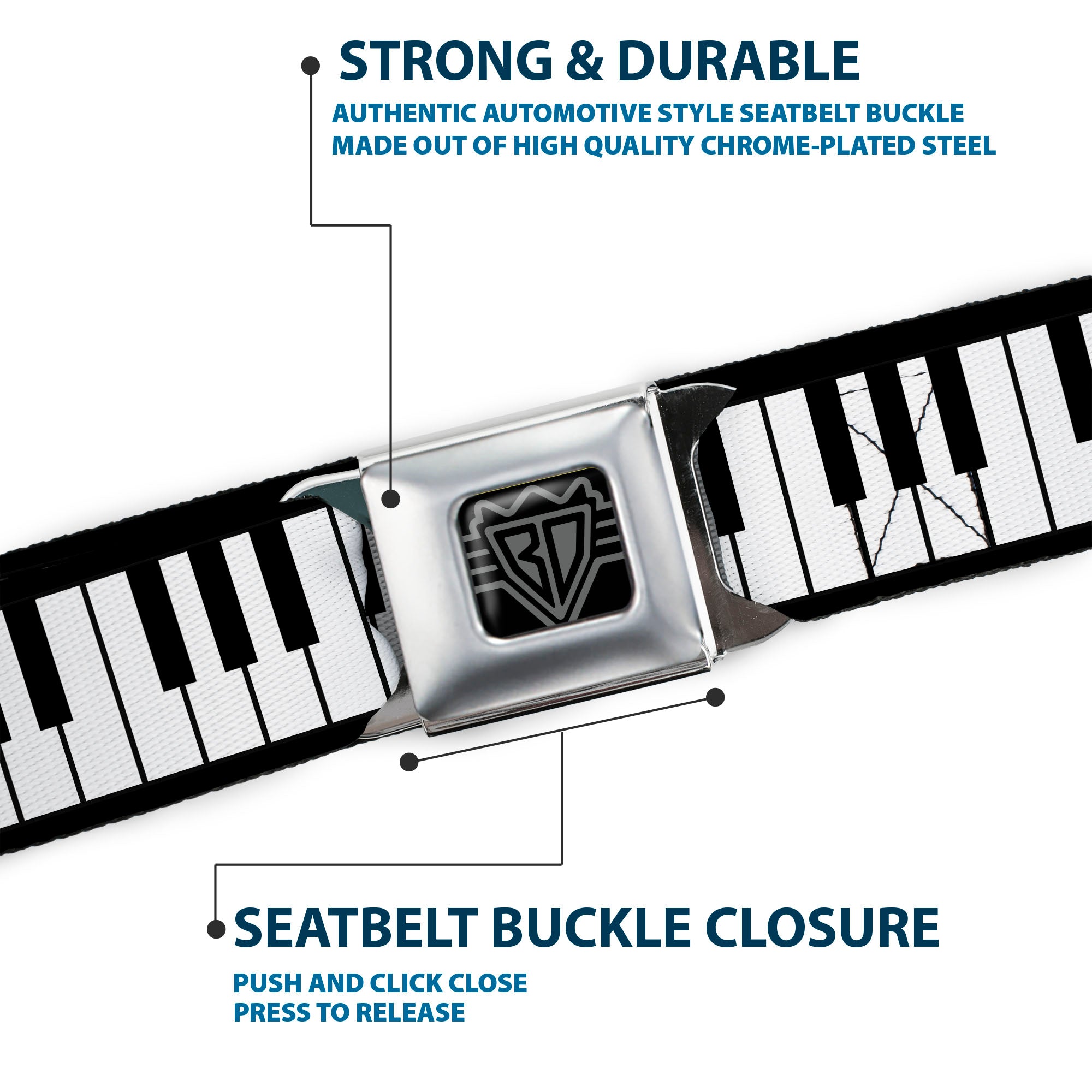 BD Wings Logo CLOSE-UP Full Color Black Silver Seatbelt Belt - Piano Keys Webbing Seatbelt Belts Buckle-Down