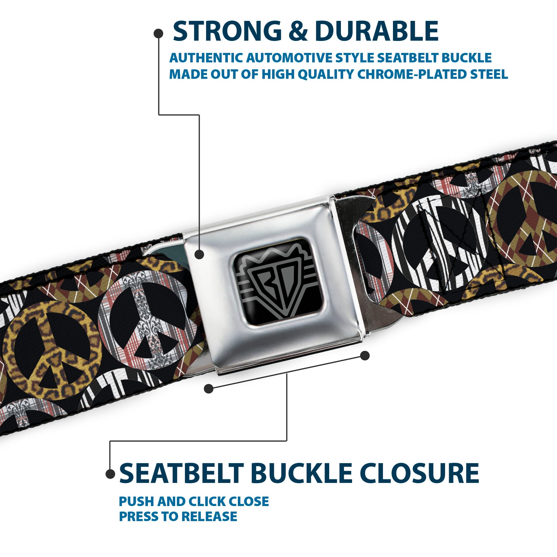BD Wings Logo CLOSE-UP Full Color Black Silver Seatbelt Belt - Peace Black/Animal Prints Webbing Seatbelt Belts Buckle-Down