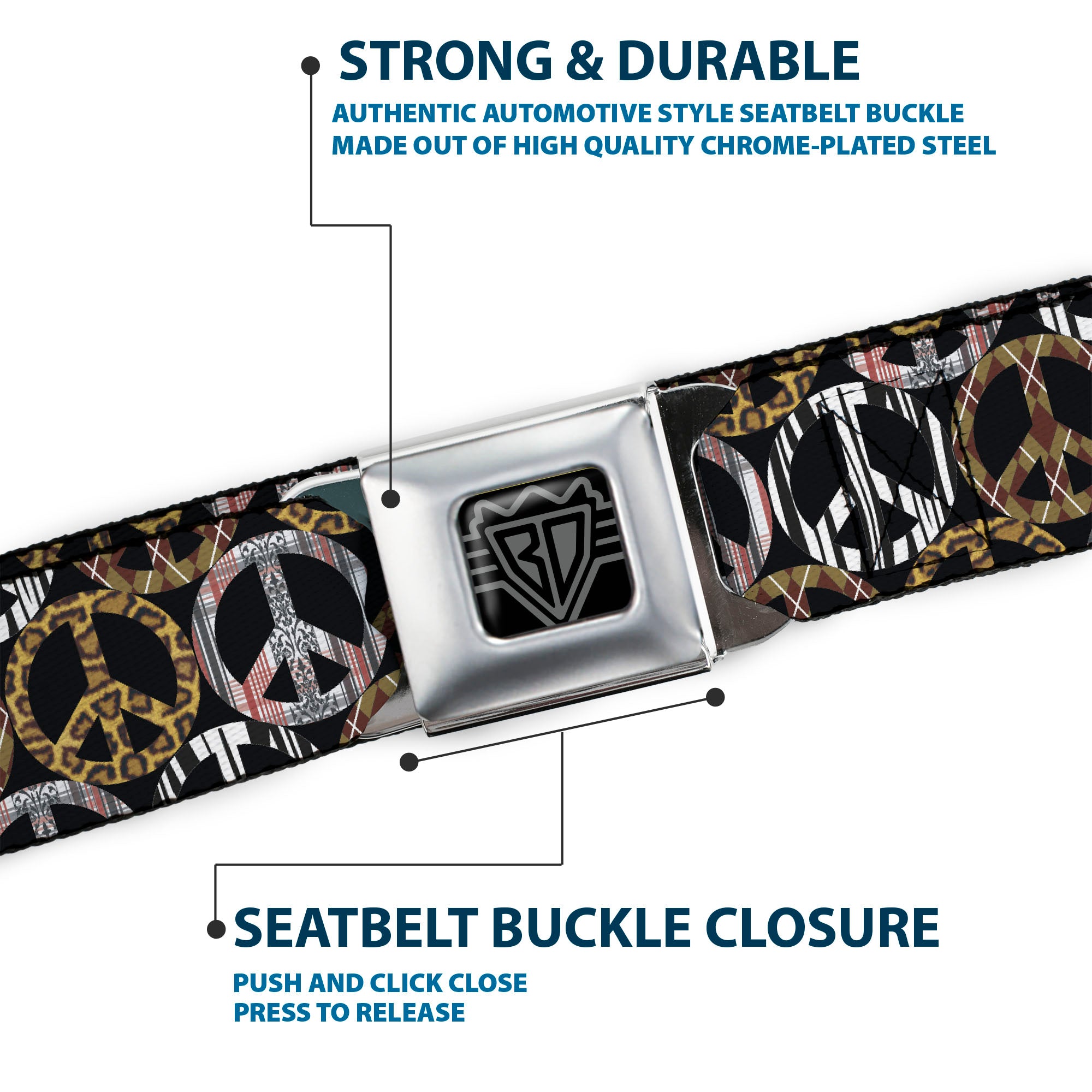 BD Wings Logo CLOSE-UP Full Color Black Silver Seatbelt Belt - Peace Black/Animal Prints Webbing Seatbelt Belts Buckle-Down
