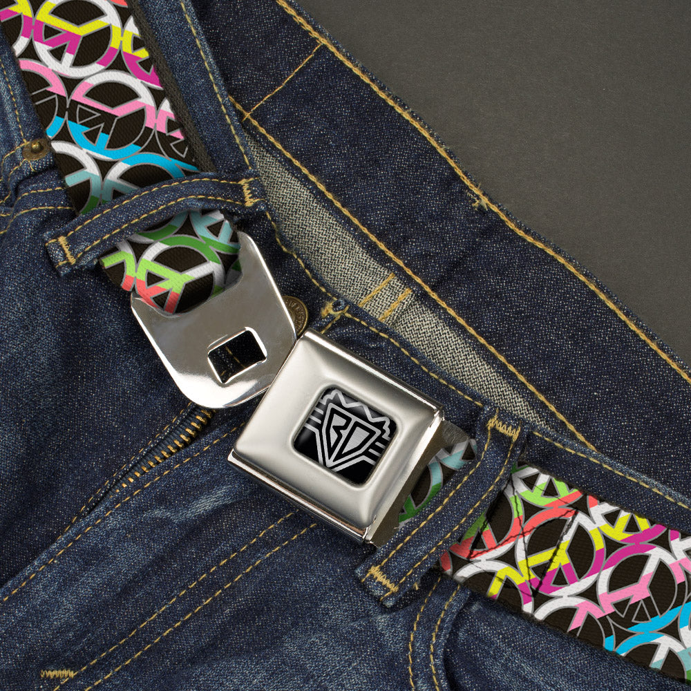 BD Wings Logo CLOSE-UP Full Color Black Silver Seatbelt Belt - Peace Black/Multi Stripes Webbing Seatbelt Belts Buckle-Down