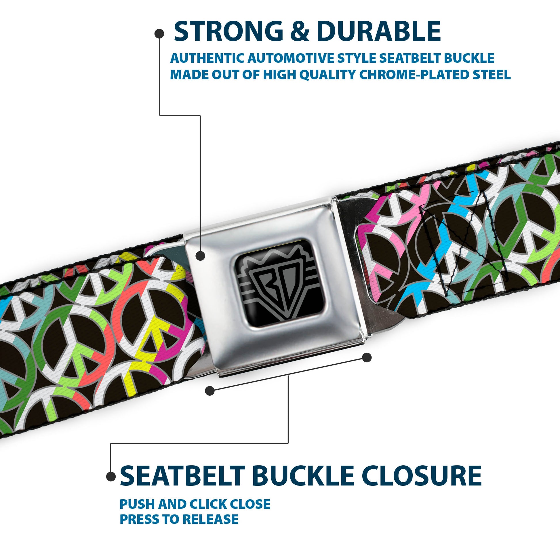 BD Wings Logo CLOSE-UP Full Color Black Silver Seatbelt Belt - Peace Black/Multi Stripes Webbing Seatbelt Belts Buckle-Down