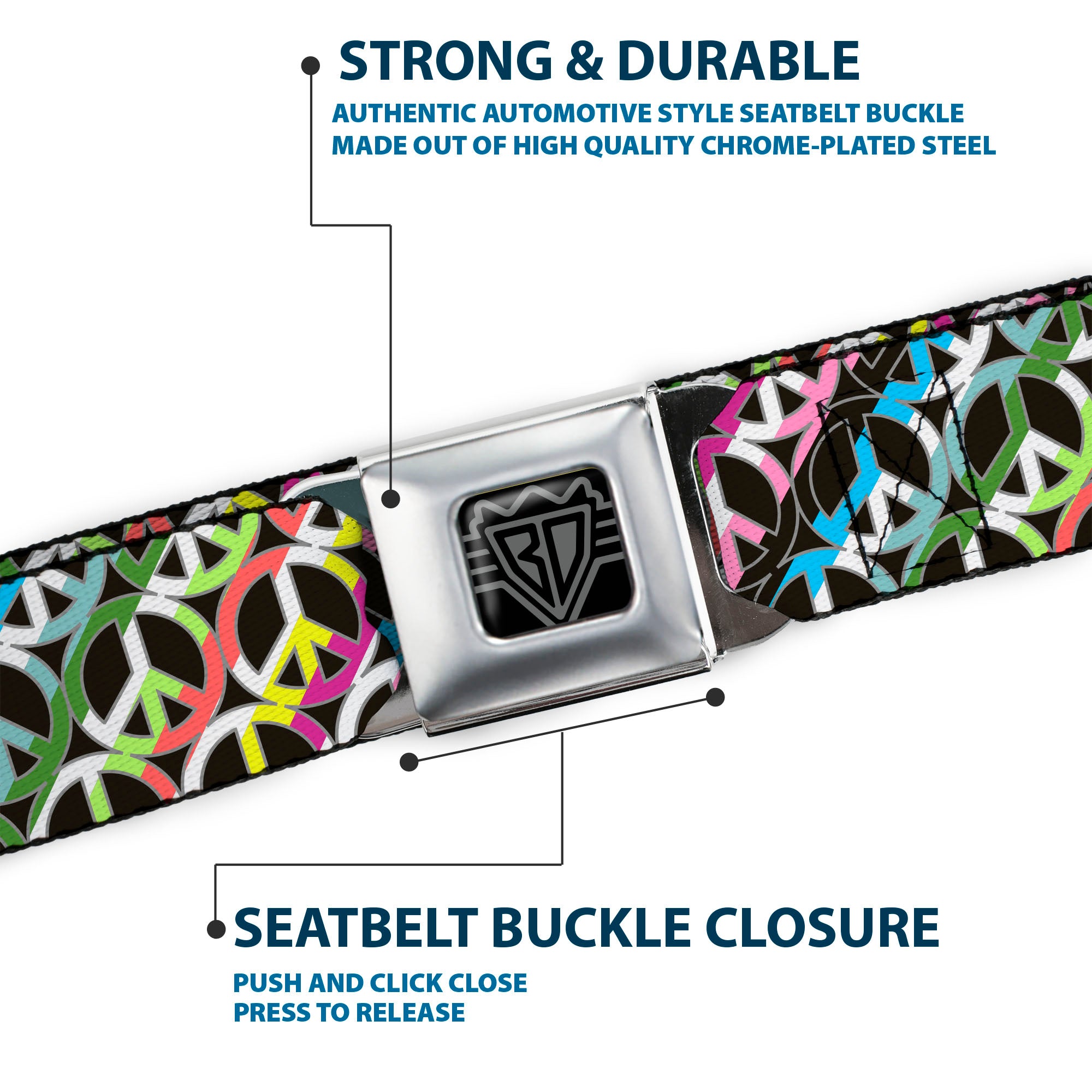 BD Wings Logo CLOSE-UP Full Color Black Silver Seatbelt Belt - Peace Black/Multi Stripes Webbing Seatbelt Belts Buckle-Down