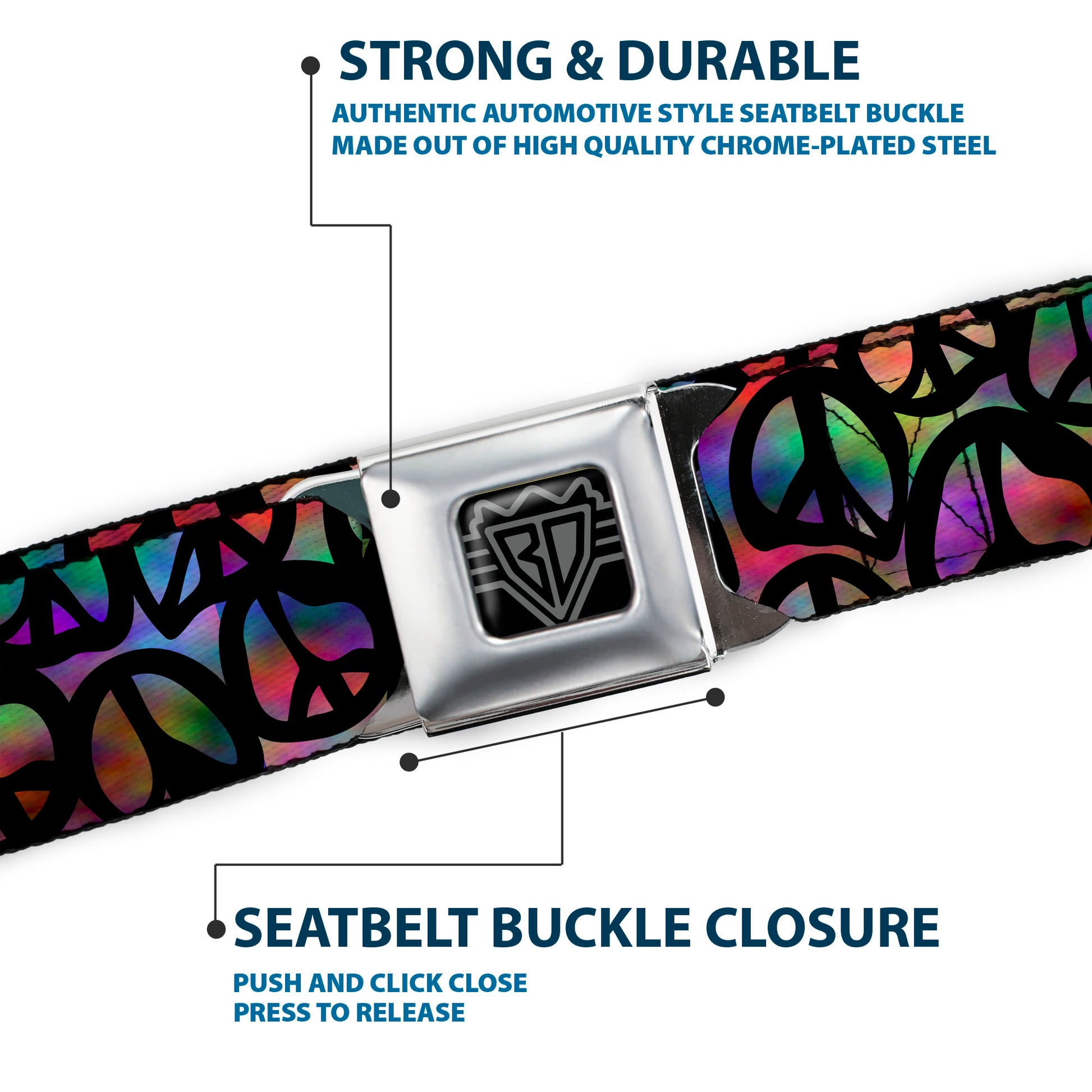 BD Wings Logo CLOSE-UP Full Color Black Silver Seatbelt Belt - Peace Psychedelic Webbing Seatbelt Belts Buckle-Down
