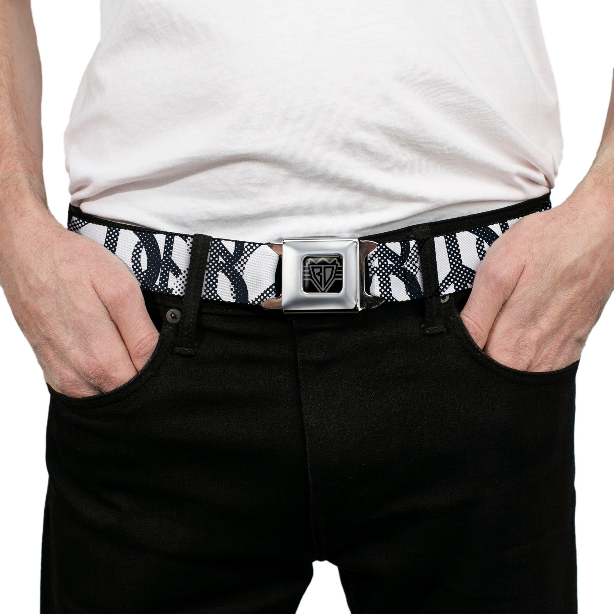 BD Wings Logo CLOSE-UP Full Color Black Silver Seatbelt Belt - Peace Dots White/Black Webbing Seatbelt Belts Buckle-Down