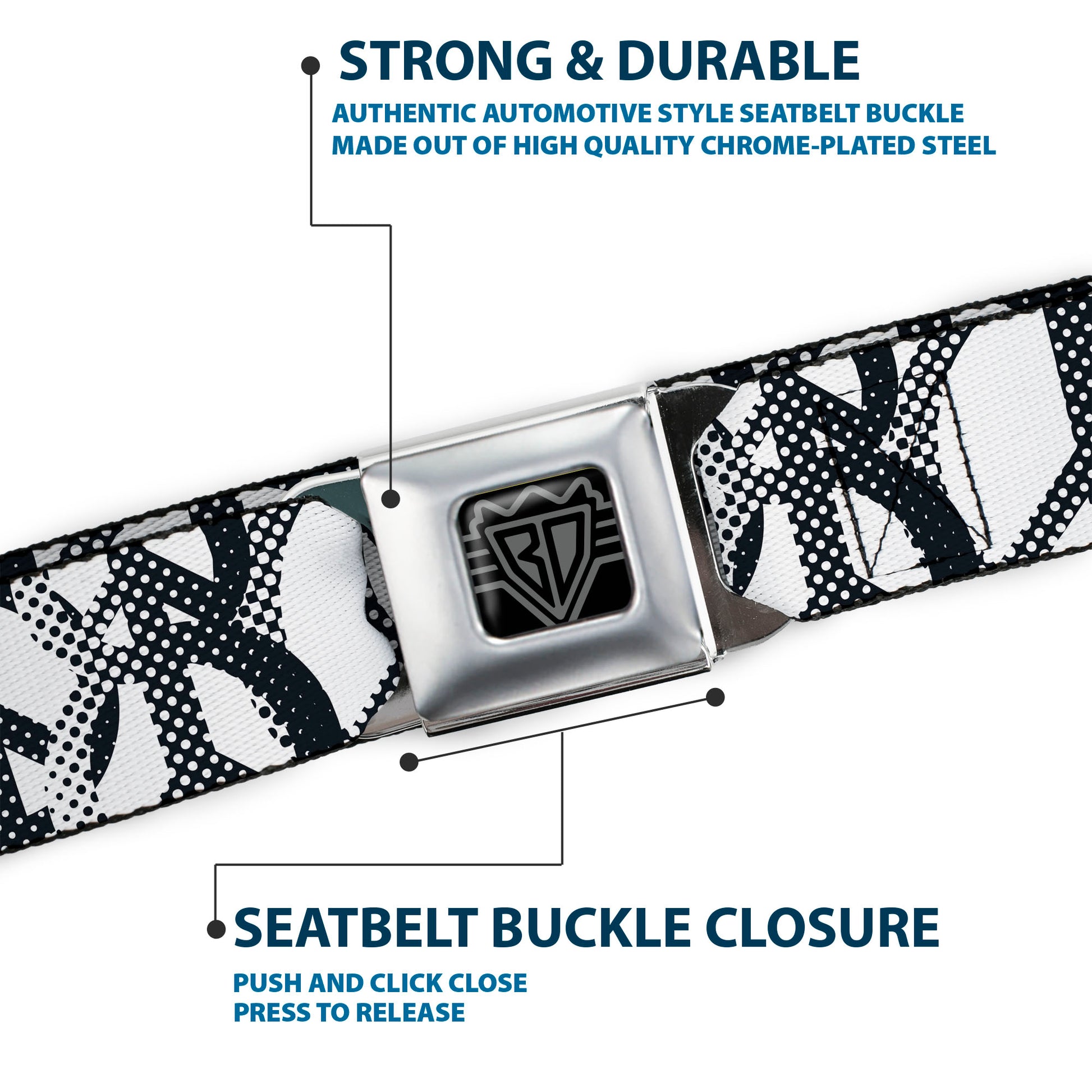 BD Wings Logo CLOSE-UP Full Color Black Silver Seatbelt Belt - Peace Dots White/Black Webbing Seatbelt Belts Buckle-Down