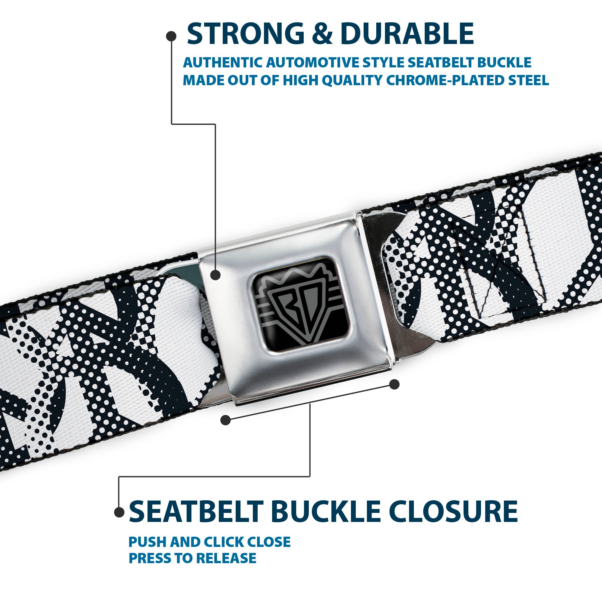 BD Wings Logo CLOSE-UP Full Color Black Silver Seatbelt Belt - Peace Dots White/Black Webbing Seatbelt Belts Buckle-Down