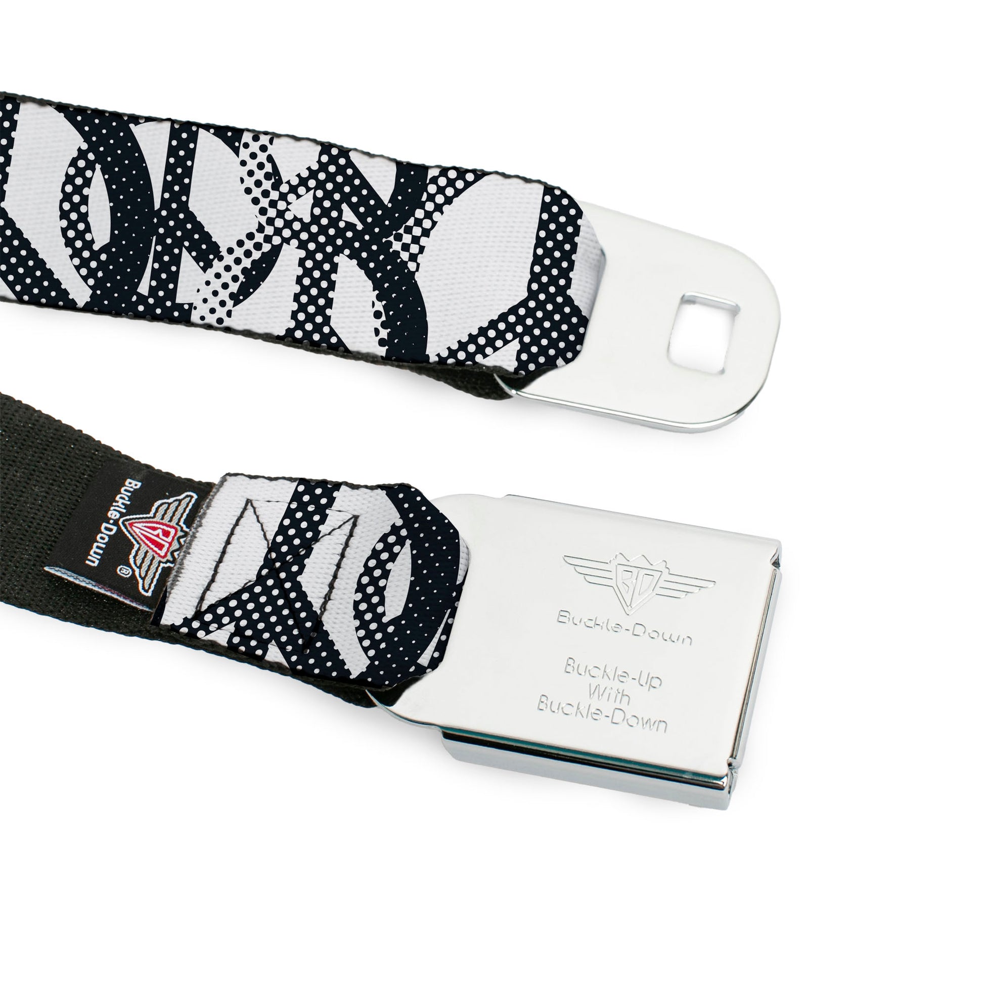 BD Wings Logo CLOSE-UP Full Color Black Silver Seatbelt Belt - Peace Dots White/Black Webbing Seatbelt Belts Buckle-Down