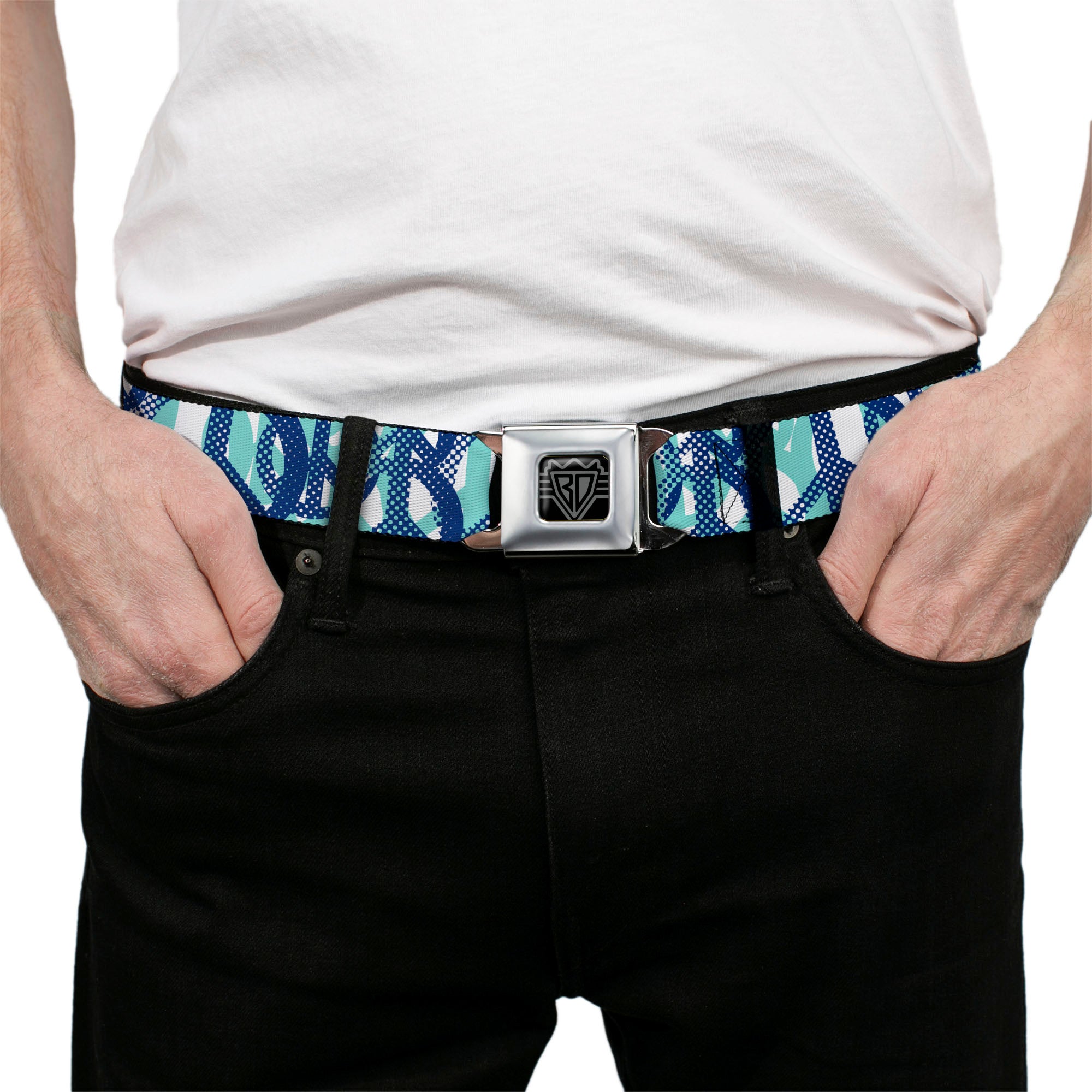 BD Wings Logo CLOSE-UP Full Color Black Silver Seatbelt Belt - Peace Dots White/Blue Webbing Seatbelt Belts Buckle-Down