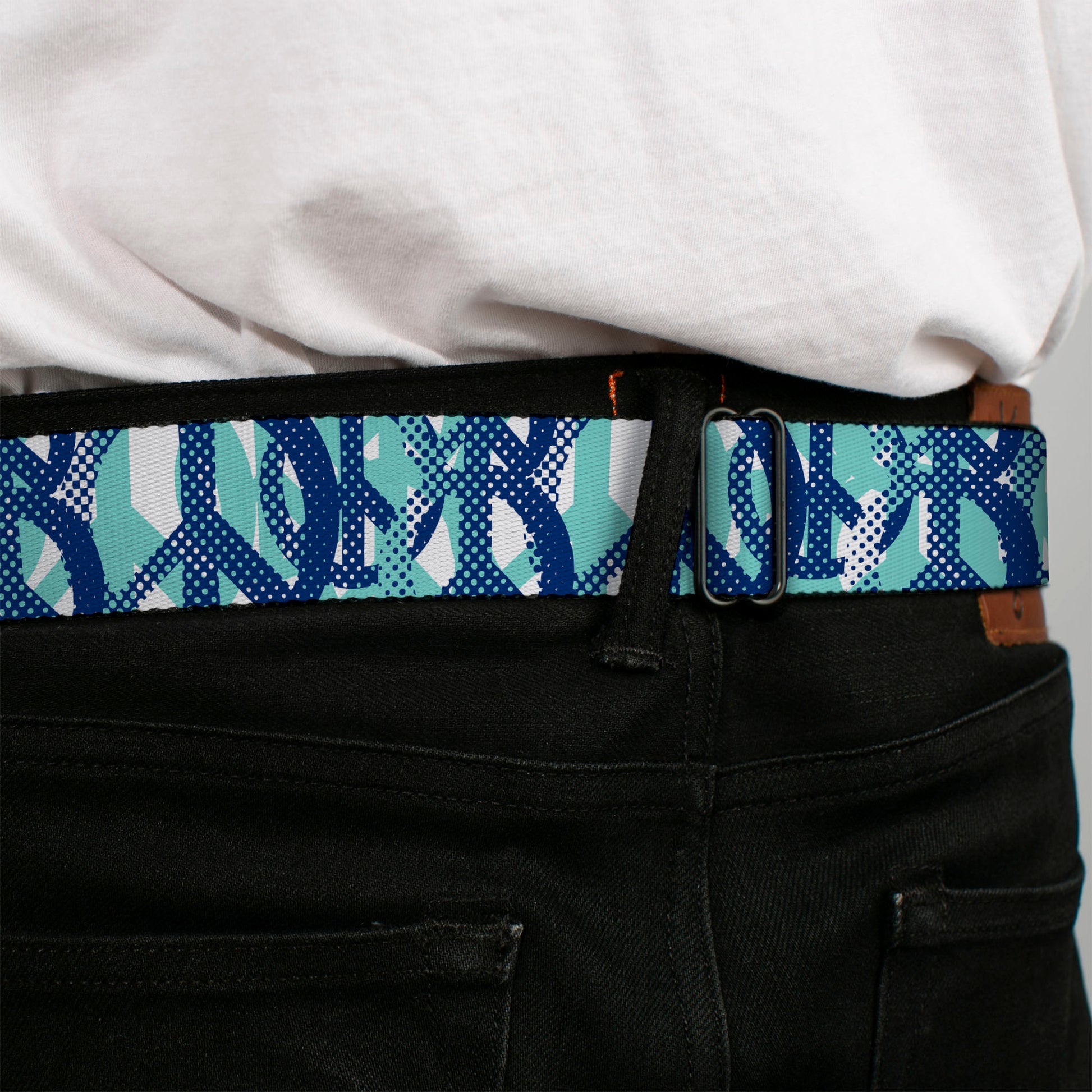 BD Wings Logo CLOSE-UP Full Color Black Silver Seatbelt Belt - Peace Dots White/Blue Webbing Seatbelt Belts Buckle-Down