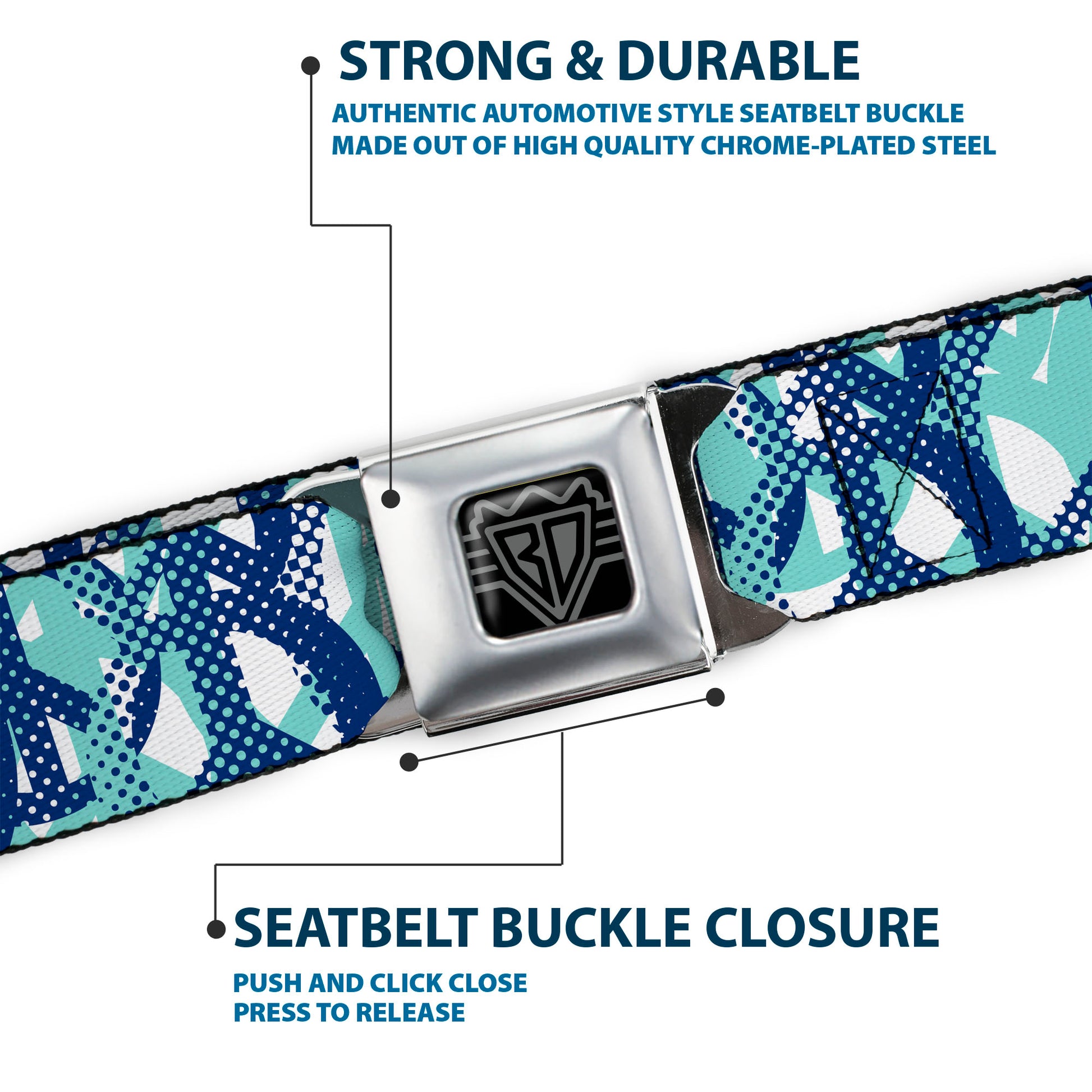 BD Wings Logo CLOSE-UP Full Color Black Silver Seatbelt Belt - Peace Dots White/Blue Webbing Seatbelt Belts Buckle-Down