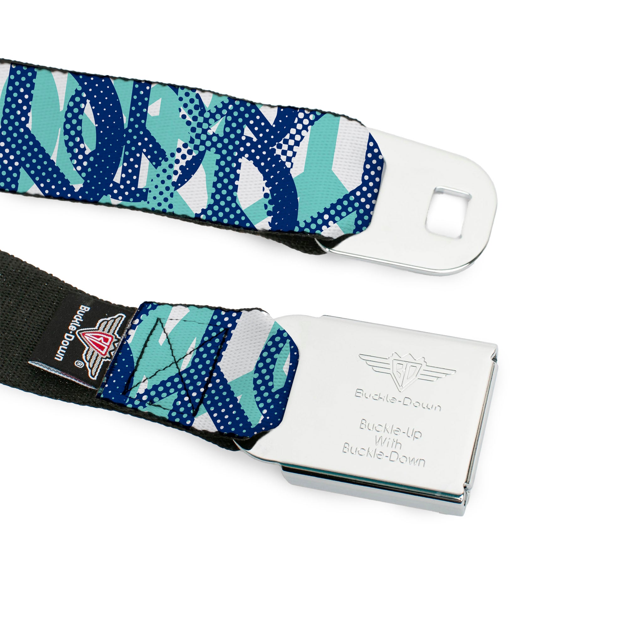 BD Wings Logo CLOSE-UP Full Color Black Silver Seatbelt Belt - Peace Dots White/Blue Webbing Seatbelt Belts Buckle-Down