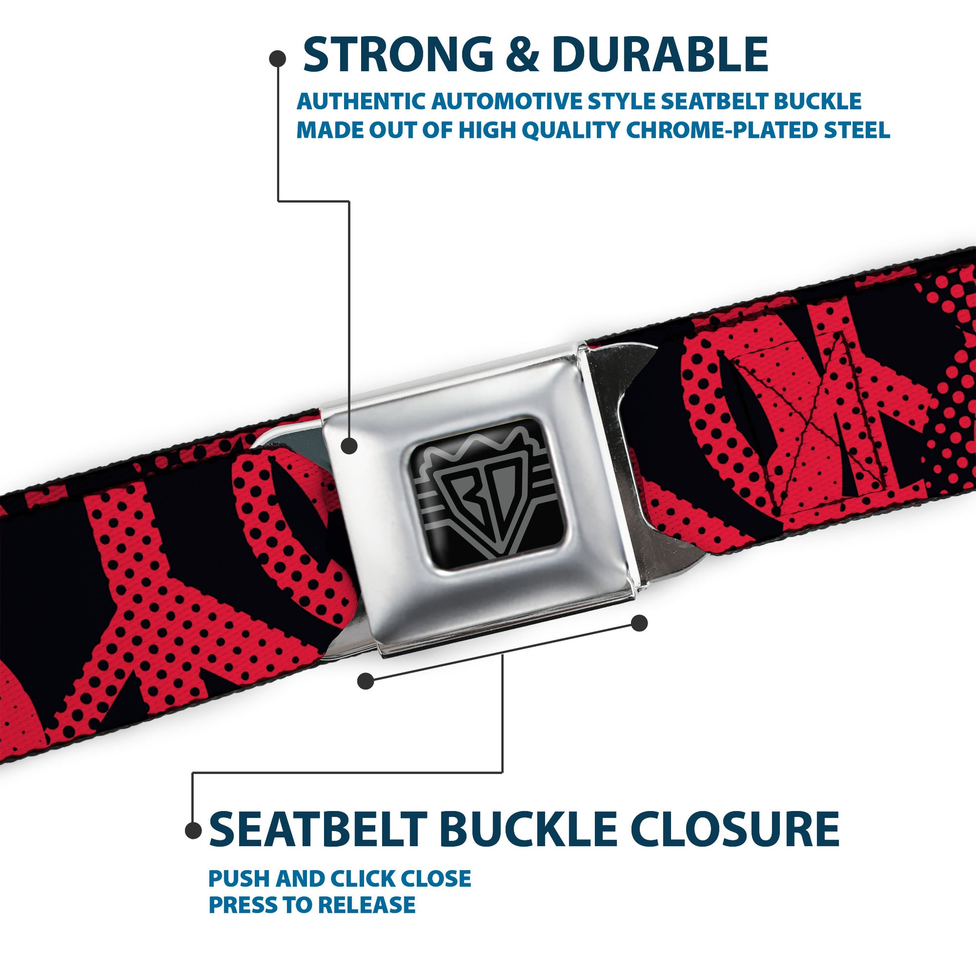 BD Wings Logo CLOSE-UP Full Color Black Silver Seatbelt Belt - Peace Dots Black/Fuchsia Webbing Seatbelt Belts Buckle-Down