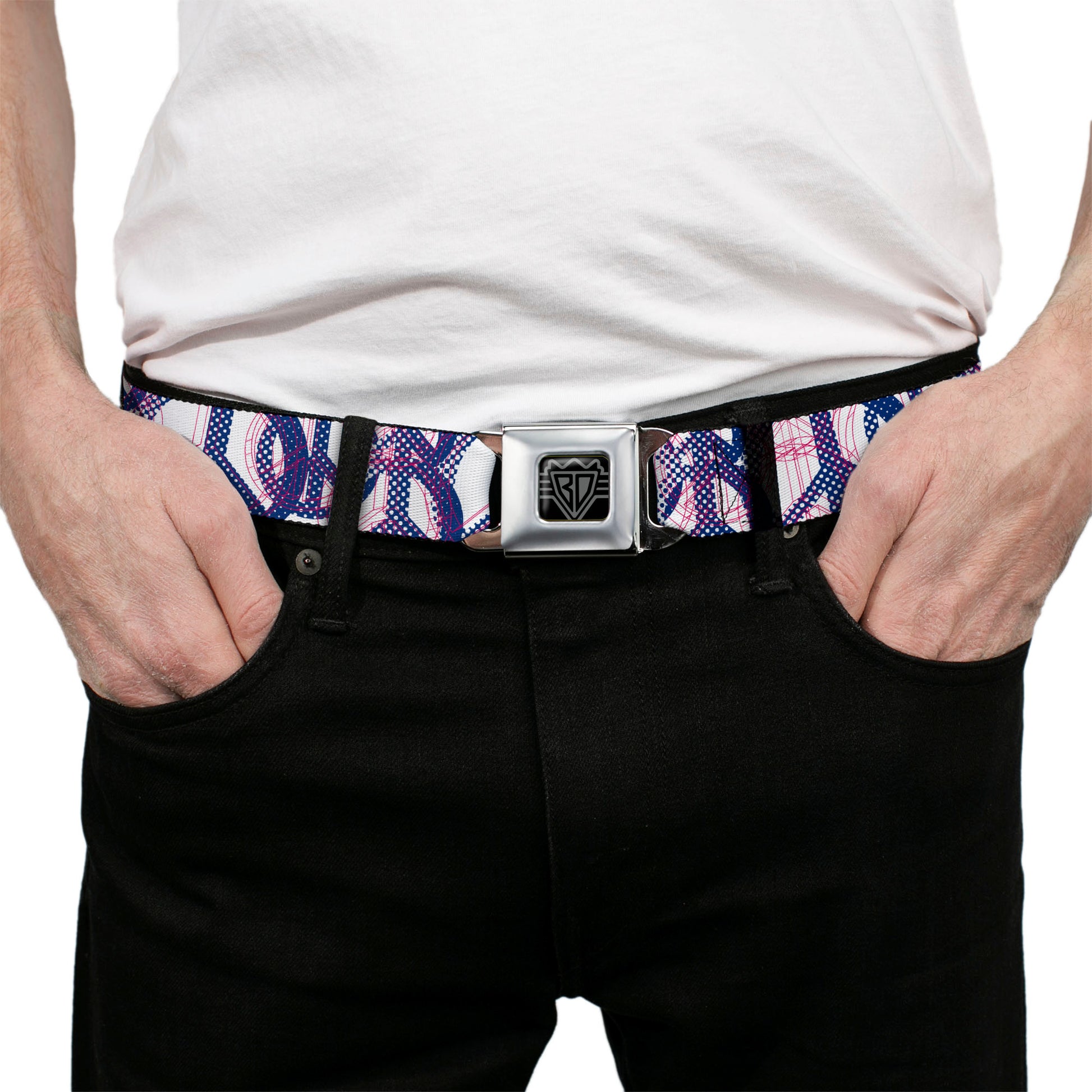 BD Wings Logo CLOSE-UP Full Color Black Silver Seatbelt Belt - Peace Mixed White/Blue/Pink Webbing Seatbelt Belts Buckle-Down