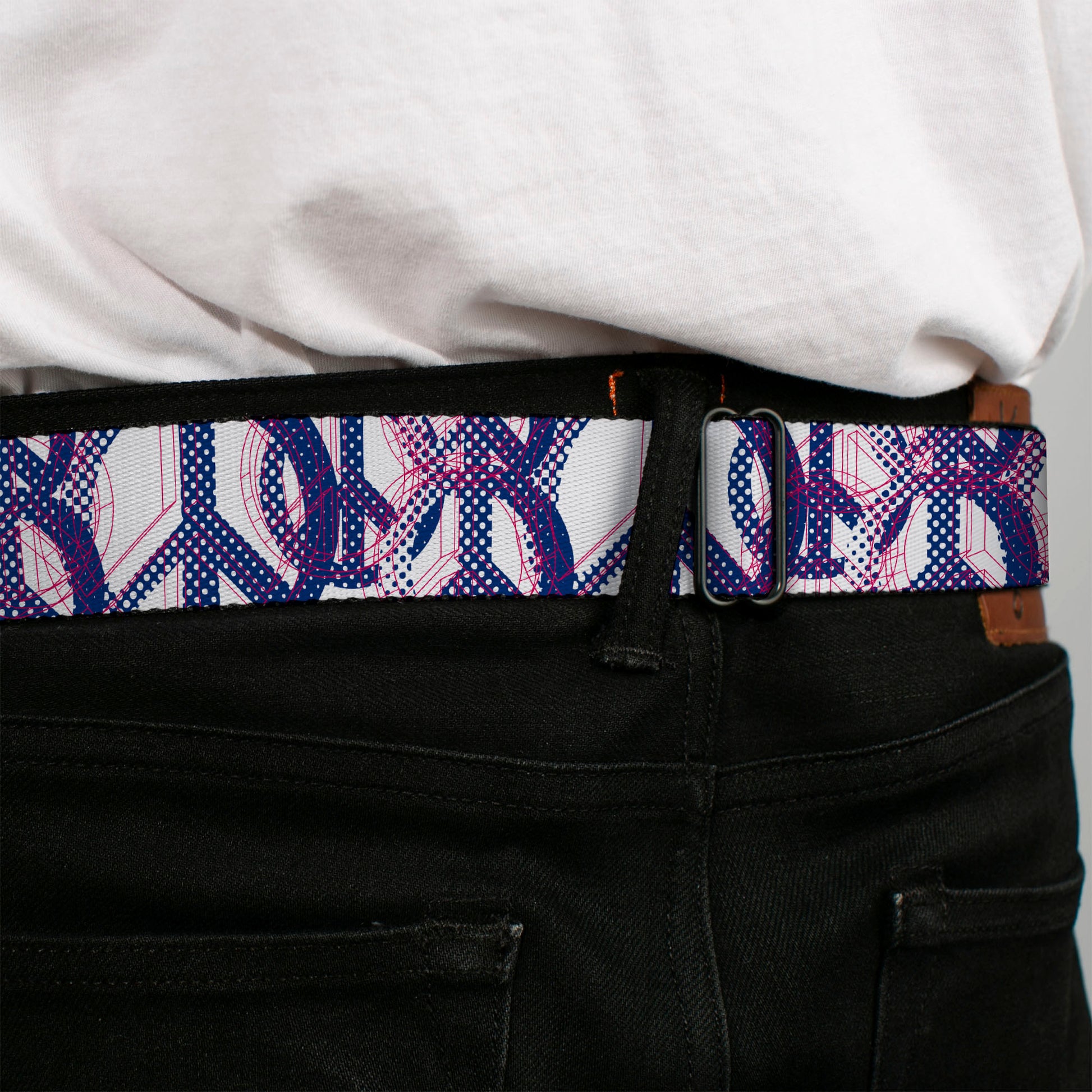 BD Wings Logo CLOSE-UP Full Color Black Silver Seatbelt Belt - Peace Mixed White/Blue/Pink Webbing Seatbelt Belts Buckle-Down