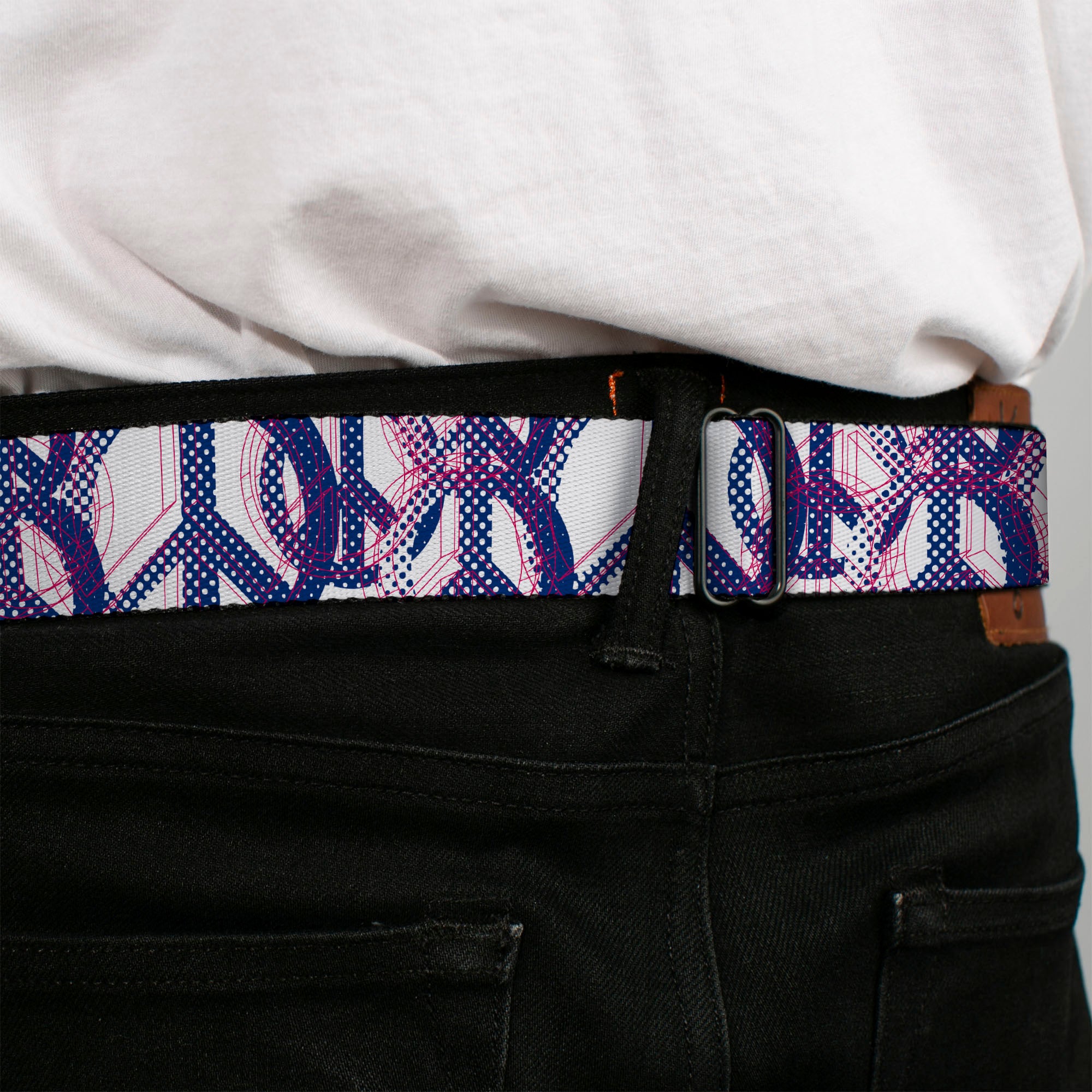 BD Wings Logo CLOSE-UP Full Color Black Silver Seatbelt Belt - Peace Mixed White/Blue/Pink Webbing Seatbelt Belts Buckle-Down