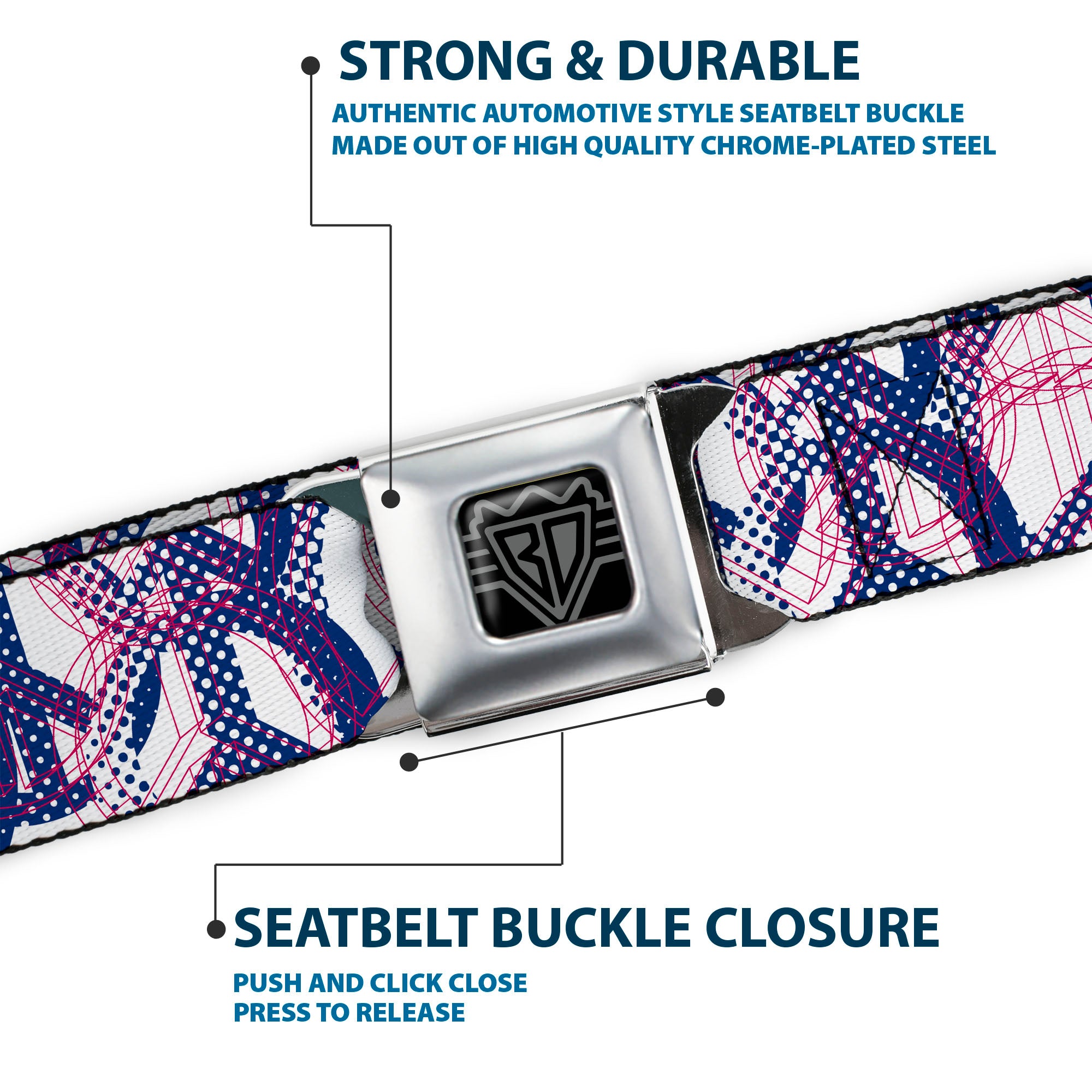 BD Wings Logo CLOSE-UP Full Color Black Silver Seatbelt Belt - Peace Mixed White/Blue/Pink Webbing Seatbelt Belts Buckle-Down