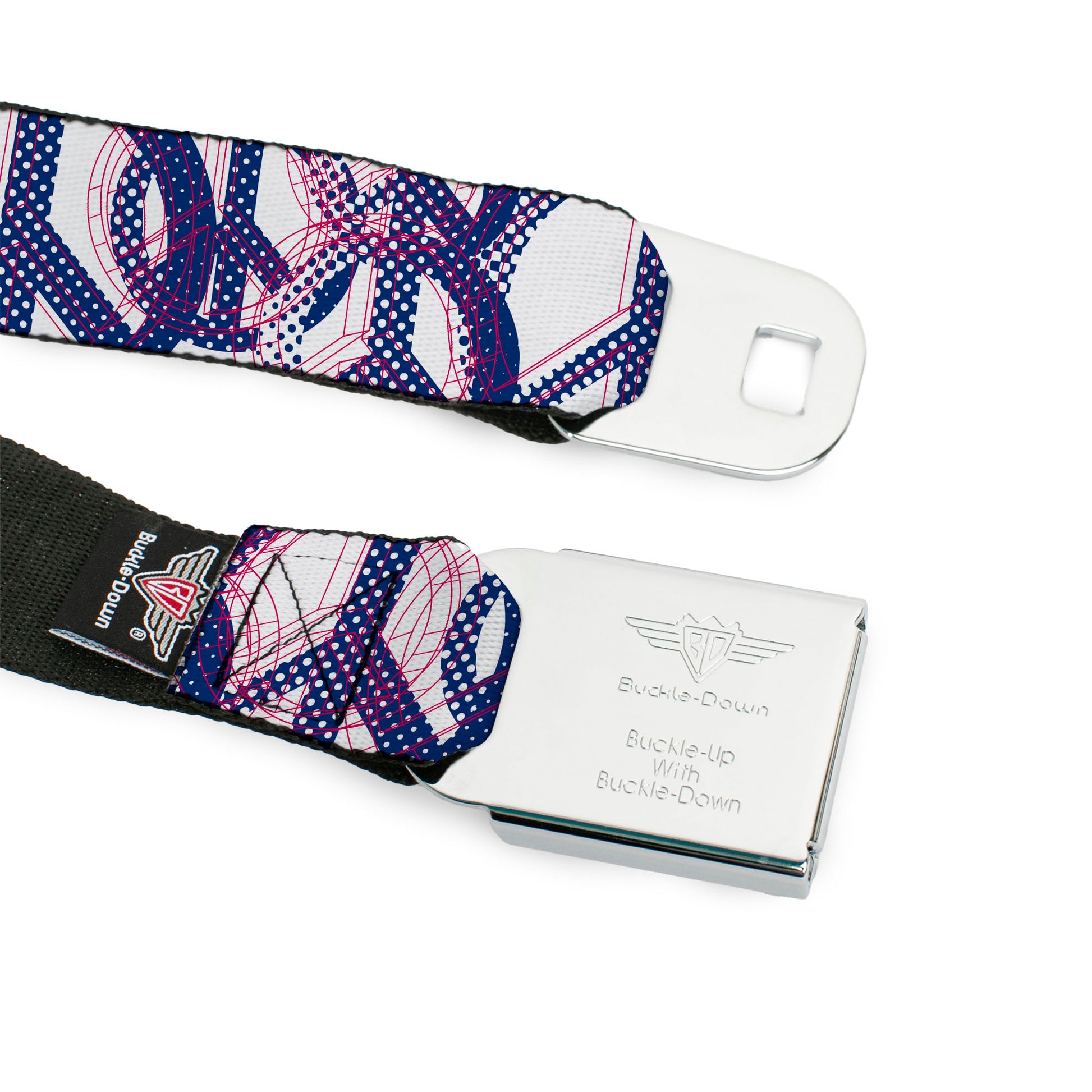 BD Wings Logo CLOSE-UP Full Color Black Silver Seatbelt Belt - Peace Mixed White/Blue/Pink Webbing Seatbelt Belts Buckle-Down